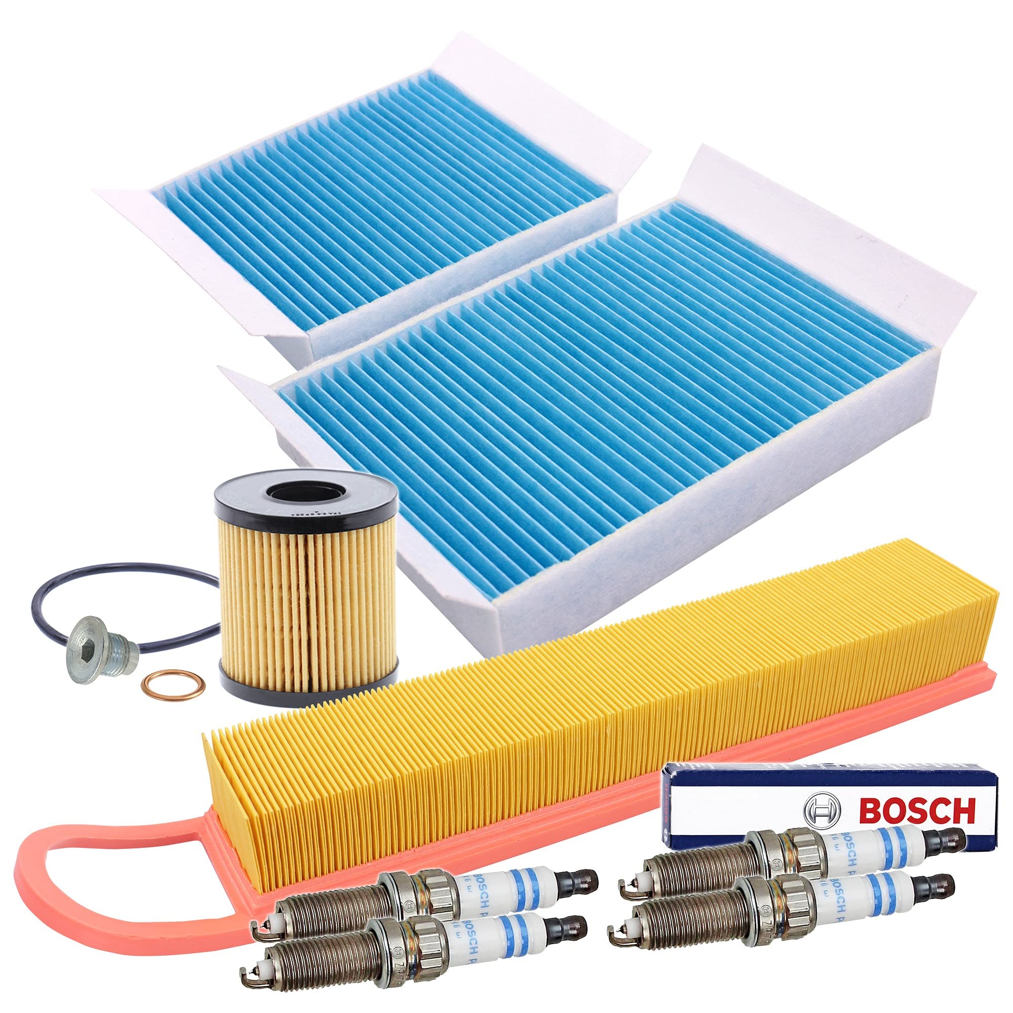 ATEC Germany Set di filtri con 1x filtro aria, 2x filtro aria abitacolo, 4x candela doppio platino ZR7SI332S Compatibile con CITROËN C3 II (SC_), DS3 (SA_), PEUGEOT 207 (WA_, WC_), 207 SW (WK_)
