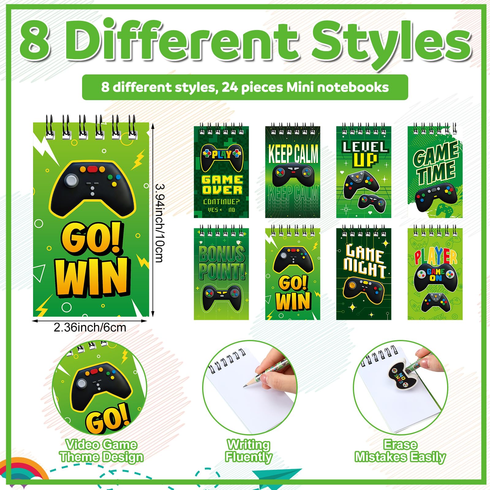 Lot de 72 articles de papeterie sur le thème du jeu vidéo, 48 crayons avec gomme, cadeaux de fête, 24 mini bloc-notes à spirale pour l'école, les salles de classe, les récompenses