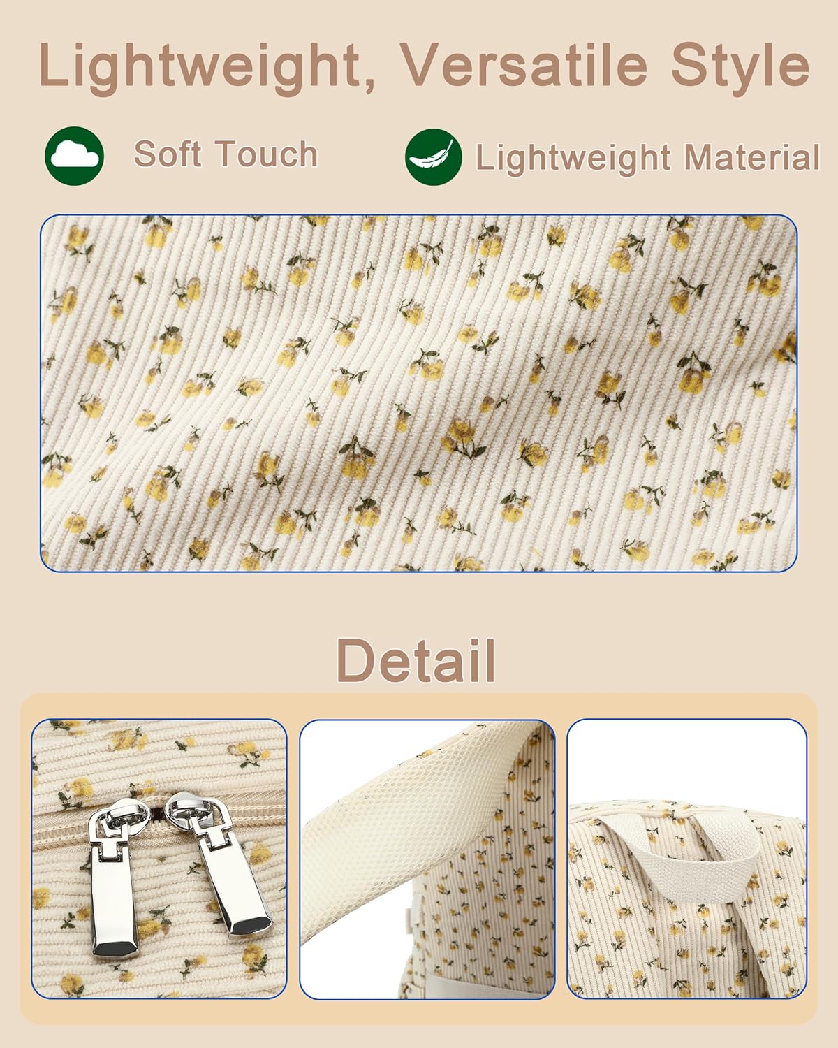 Hidds School Backpack for Teens Girls Women 15.6 Inch Laptop College Backpacks Corduroy Work Bag Kids Elementary Middle High Campus Bookbag Students Anti Theft Travel Daypack Womens - Beige Floral - Image 6