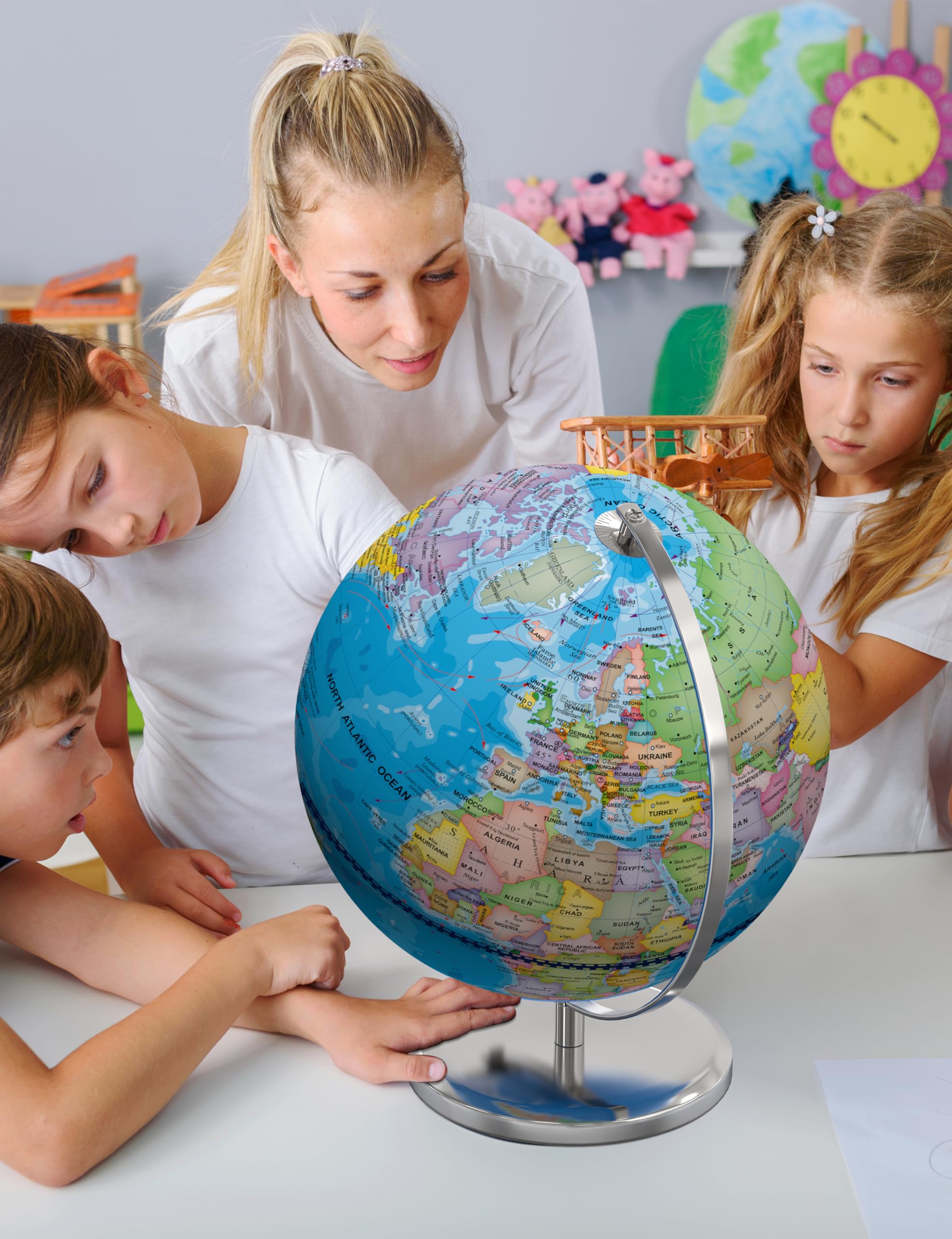 Globo mundial grande de 13 pulgadas con soporte, globo educativo para el aprendizaje de los niños, detalles coloridos del mapa del mundo HD, lámpara de globos iluminados con base estable de 6
