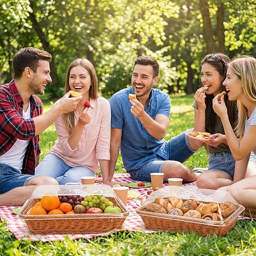 Miniatura 6 de DEAYOU Cesta de pan de imitación de ratán con tapa, cesta tejida de mesa para servir alimentos, cesta de frutas de polietileno para verduras,