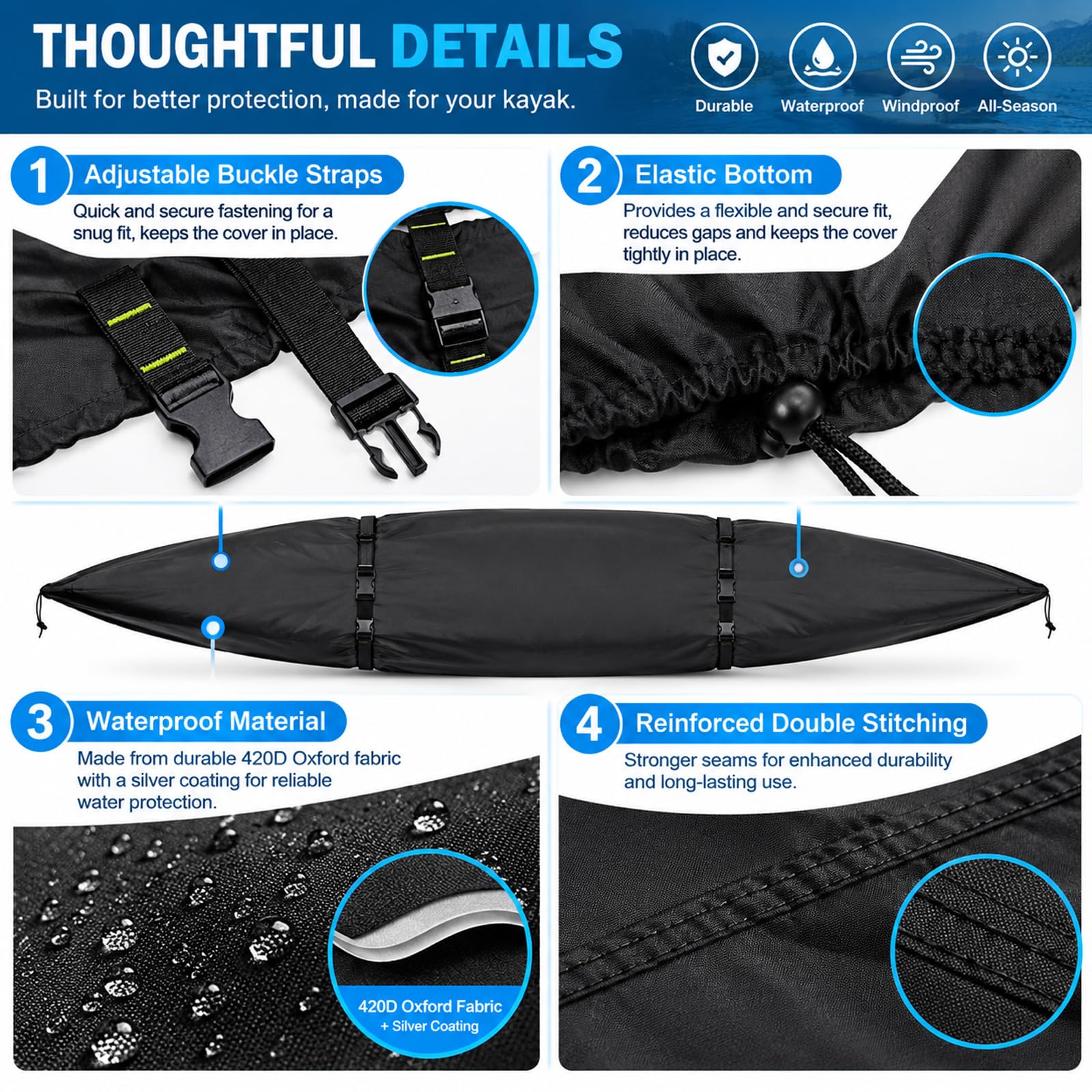 Funda para Kayak para Feelfree Moken 10 V2 2020s–Present, Cubierta 420D Resistente al Agua con Correas Antiviento y Hebillas Ajustables para Exterior