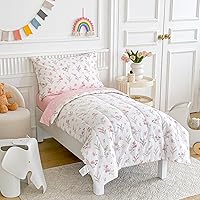 Vista 3 de Joyreap Juego de ropa de cama de algodón de 4 piezas para niñas pequeñas, diseño de flores y hojas rosadas, juego de edredón de algodón suave