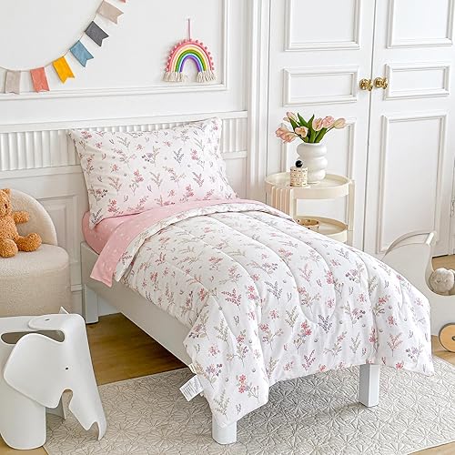 Miniatura 3 de Joyreap Juego de ropa de cama de algodón de 4 piezas para niñas pequeñas, diseño de flores y hojas rosadas, juego de edredón de algodón suave y