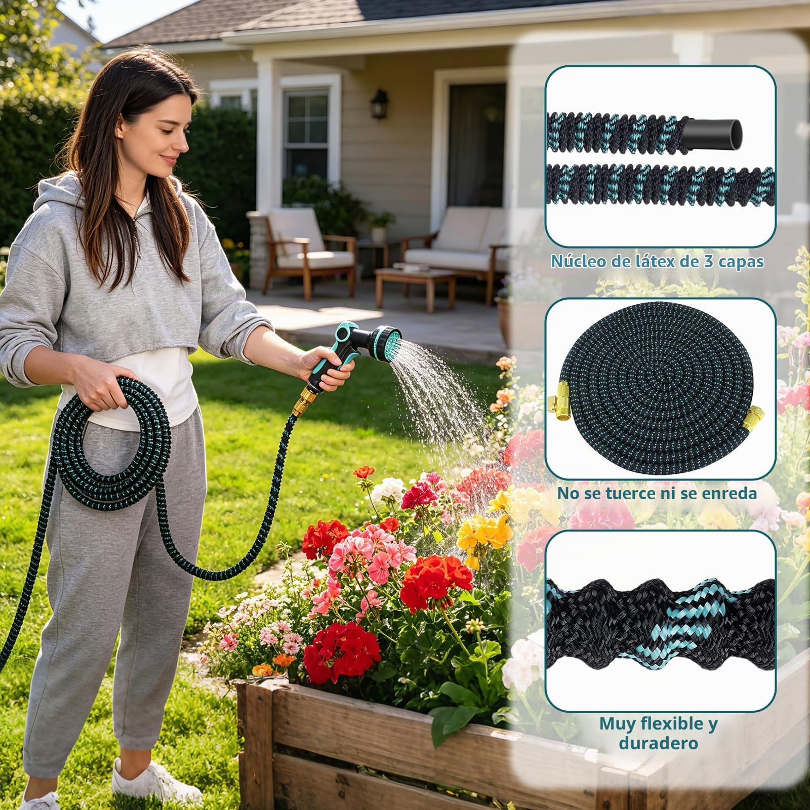 Manguera Jardin Extensible 30M, Mangeras Jardineria Flexible con Pistola de 10 Funciones, Conectores Metálicos 1/2" y 3/4", Garden Hose para Riego, Terraza y Lavado de Coche