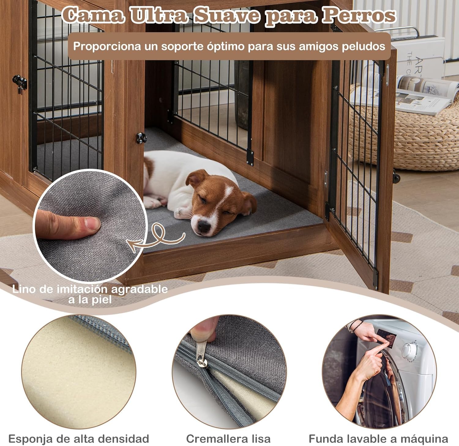 GOPLUS Jaula para Perro 2 en 1 con Cojín Cómodo y Doble Puerta, Casa de Jaula para Perros, Nicho Decorativo de Malla para Perros Pequeños y Medianos 92 x 59 x 66,5 cm, Marrón