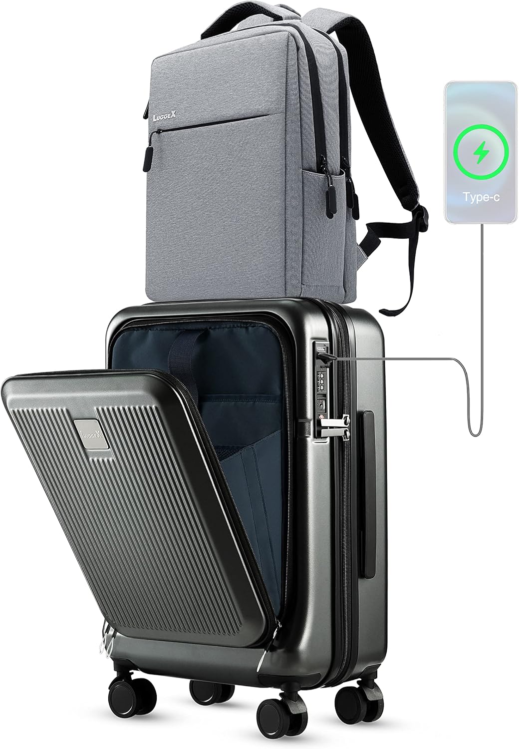 LUGGEX Carry on Luggage with Front Pocket PC Hard Shell Suitcase with