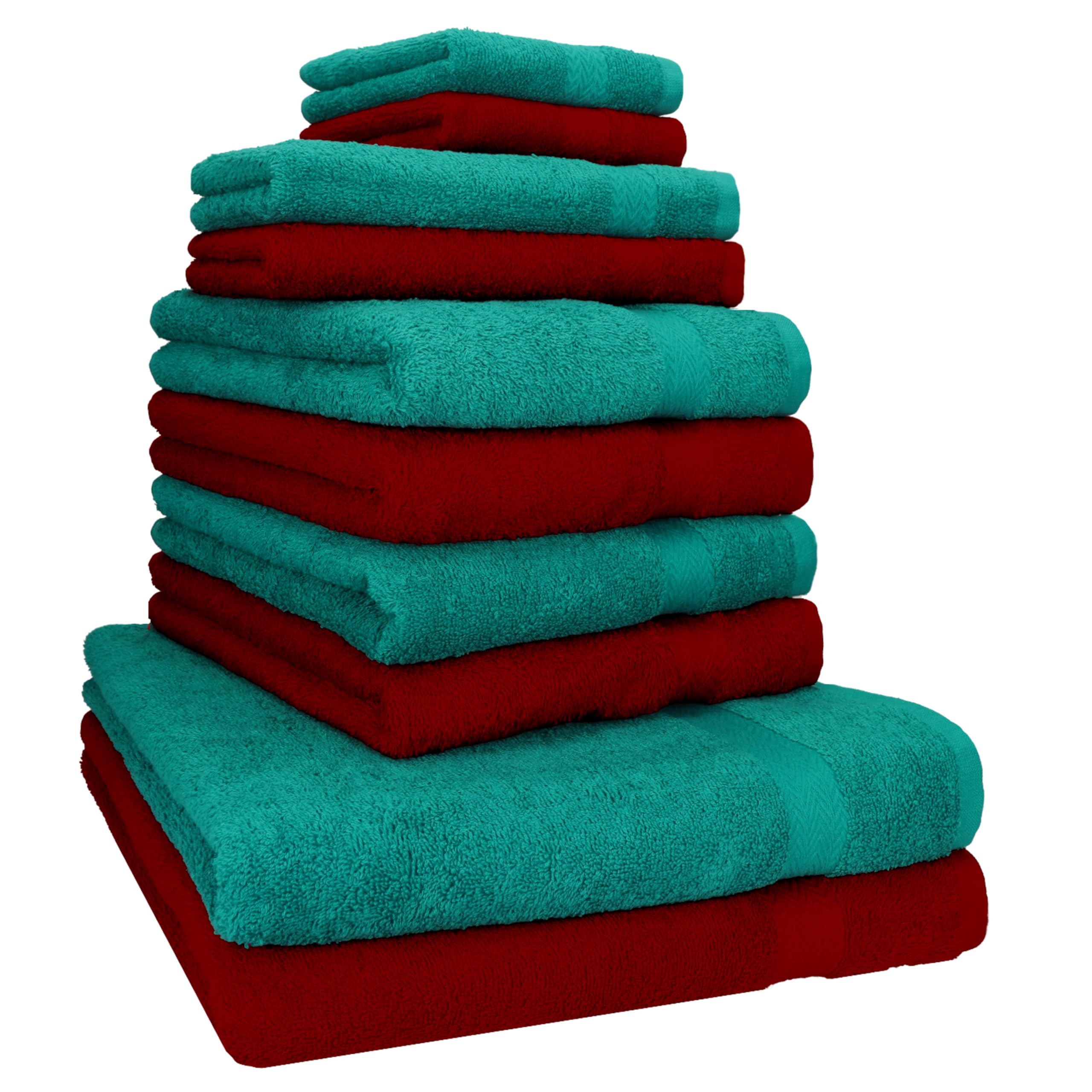 Betz Juego de 10 Toallas Classic 100% algodón 2 Toallas de baño 4 Toallas de Lavabo 2 Toallas de tocador 2 Toallas faciales Rojo Oscuro y Verde Esmeralda