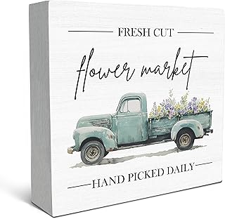 SRADMO Spring Sign, Flower Market Spring Wood Box Sign Desk Decor, Spring Signs for Home Decor, Farmhouse Spring Theme Wooden Block Box Sign Decoration for Home Office Shelf Table Decor