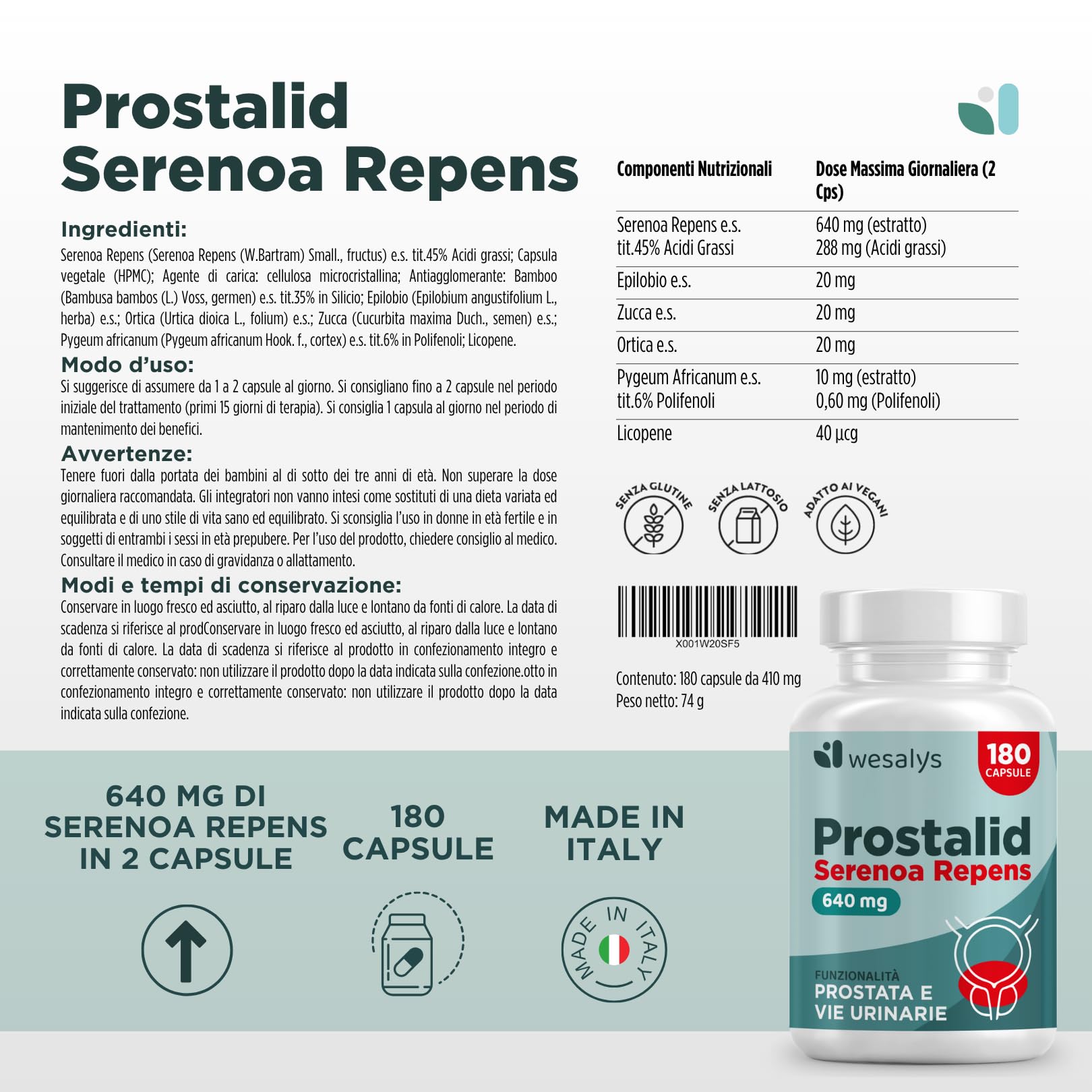 PROSTALID - SERENOA REPENS 640MG | 180 CAPSULE (Fino a 3 Mesi di Fornitura) | Saw Palmetto, Integratore Prostata | con Licopene, Pygeum Africanum, Zucca e Ortica. Integratori Prostata Uomo