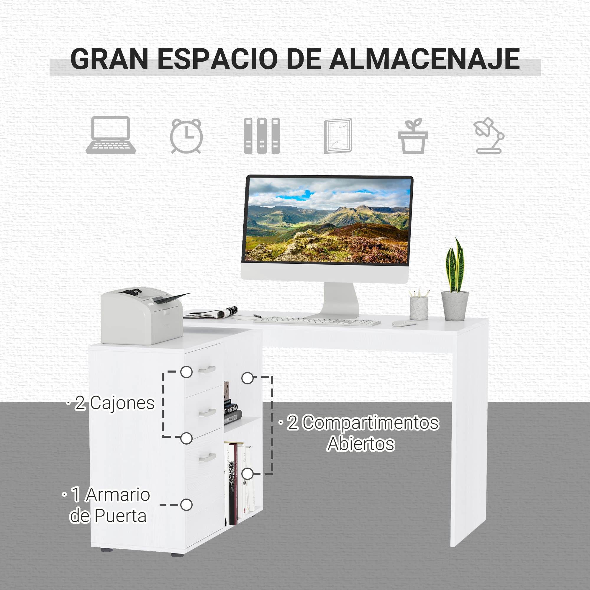 HOMCOM Mesa de Ordenador Escritorio Mesa Esquinera Oficina 2 Formas con 2 Estantes 3 Cajones Mesa de Despacho Escuela Estudio Madera Blanco