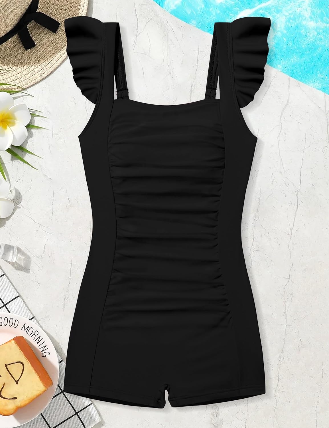 Girls Swimsuit Ruffle Girl One Piece Bathing Suit Solid Swimsuits Ruched Sleeveless Girls' Swimwear for 7-18 Years - Image 4