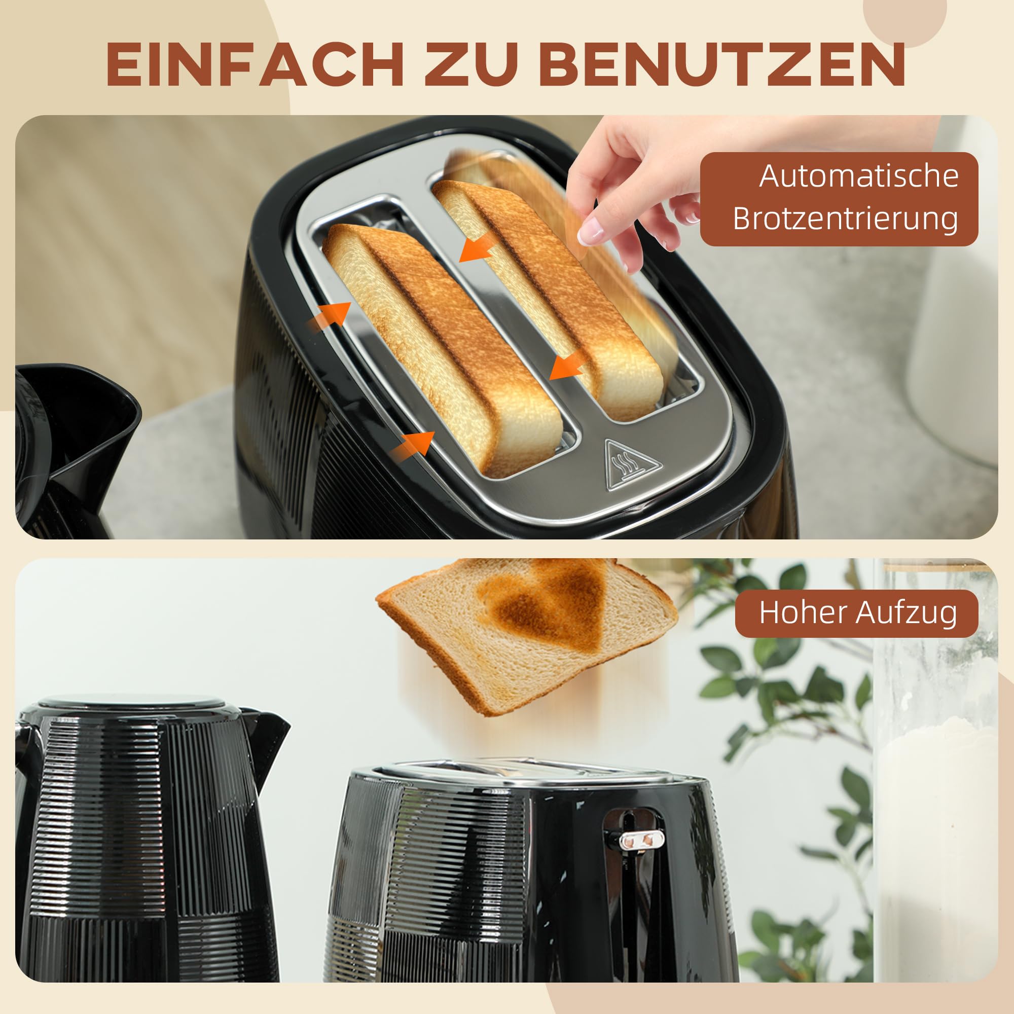 HOMCOM Bouilloire électrique Set grille-pain 2200 W 1,7 litre Bouilloire électrique Double fente Set petit-déjeuner avec filtre anticalcaire, 7 niveaux de torréfaction, fonction décongélation &