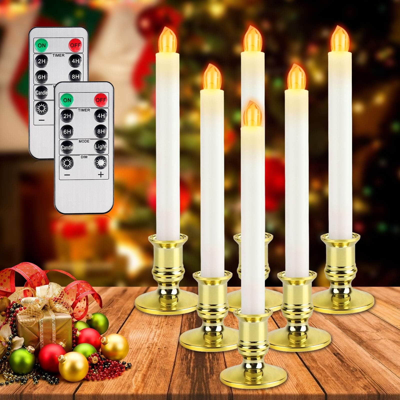 6 Pack Flameless Taper Candles with Remote Timer LED Window Candles Christmas Candle Lights for Window Battery Operated Warm White Flickering Light for Windows Festival Celebration