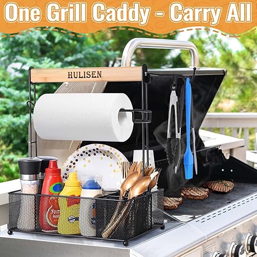 Miniatura 2 de HULISEN Organizador de parrilla para parrilla al aire libre, organizador de barbacoa con soporte para toallas de papel para platos, cubiertos,