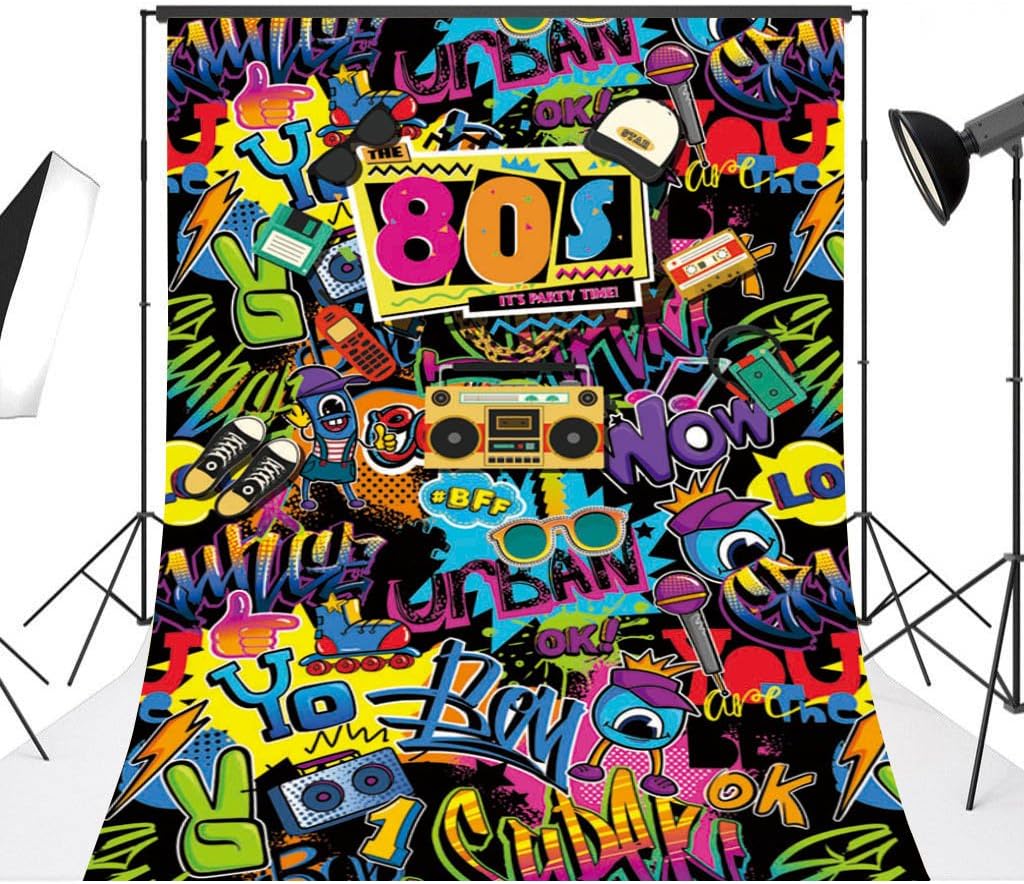 Mocsicka Hip Pop 80's Themed Backdrop 80s Graffiti Photography Background 5x7ft Vinyl 80th Themed Party Decoration Personalized Portrait Backdrops