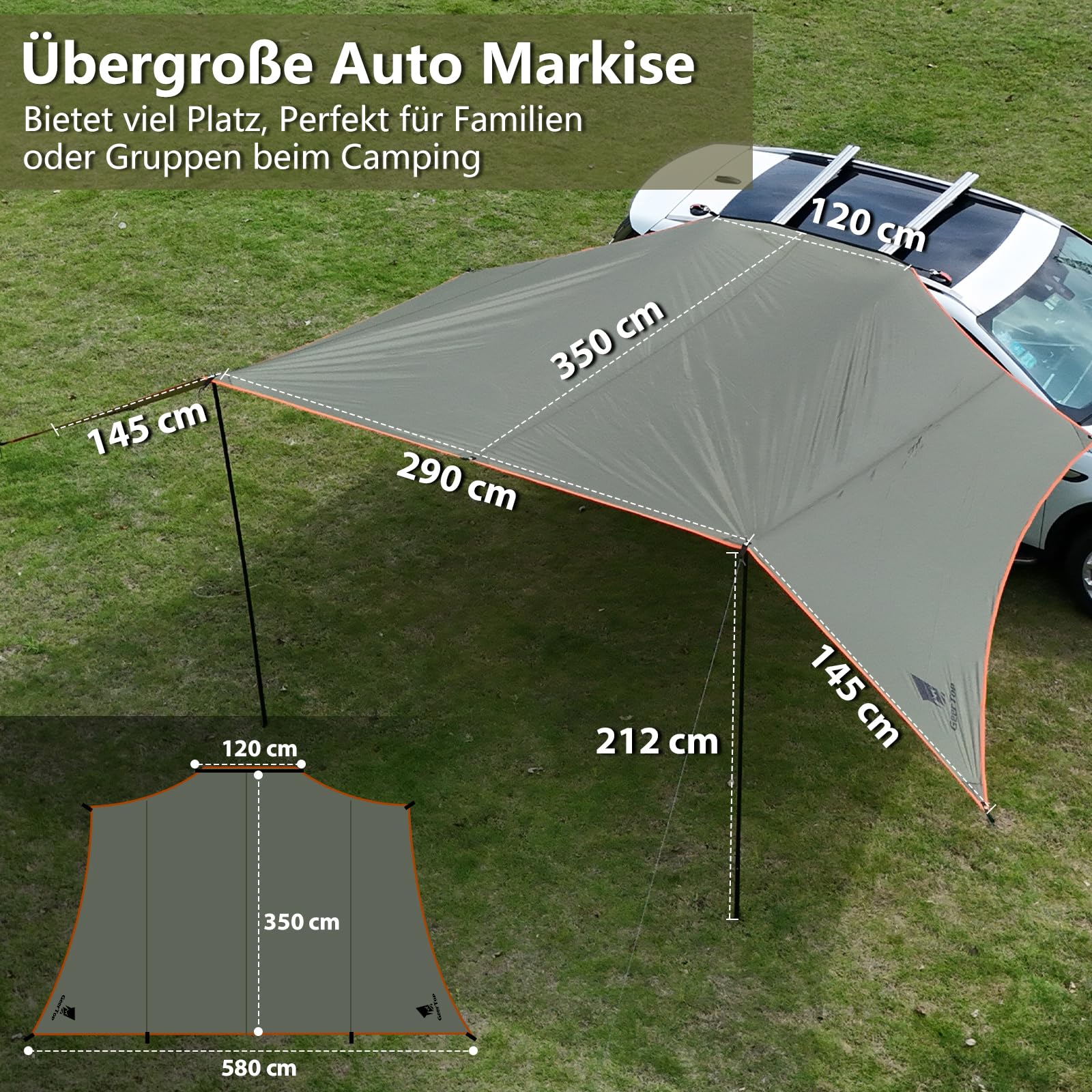 GEERTOP 3,5 x 5,8 m Auto Markise Sonnensegel, Wasserdicht 3000 mm Große Vorzelt Auto mit 2 höhenverstellbaren Stangen, Wasserabweisendes Sonnendach für Autocamping, Van, Campers, Caravan Tarp