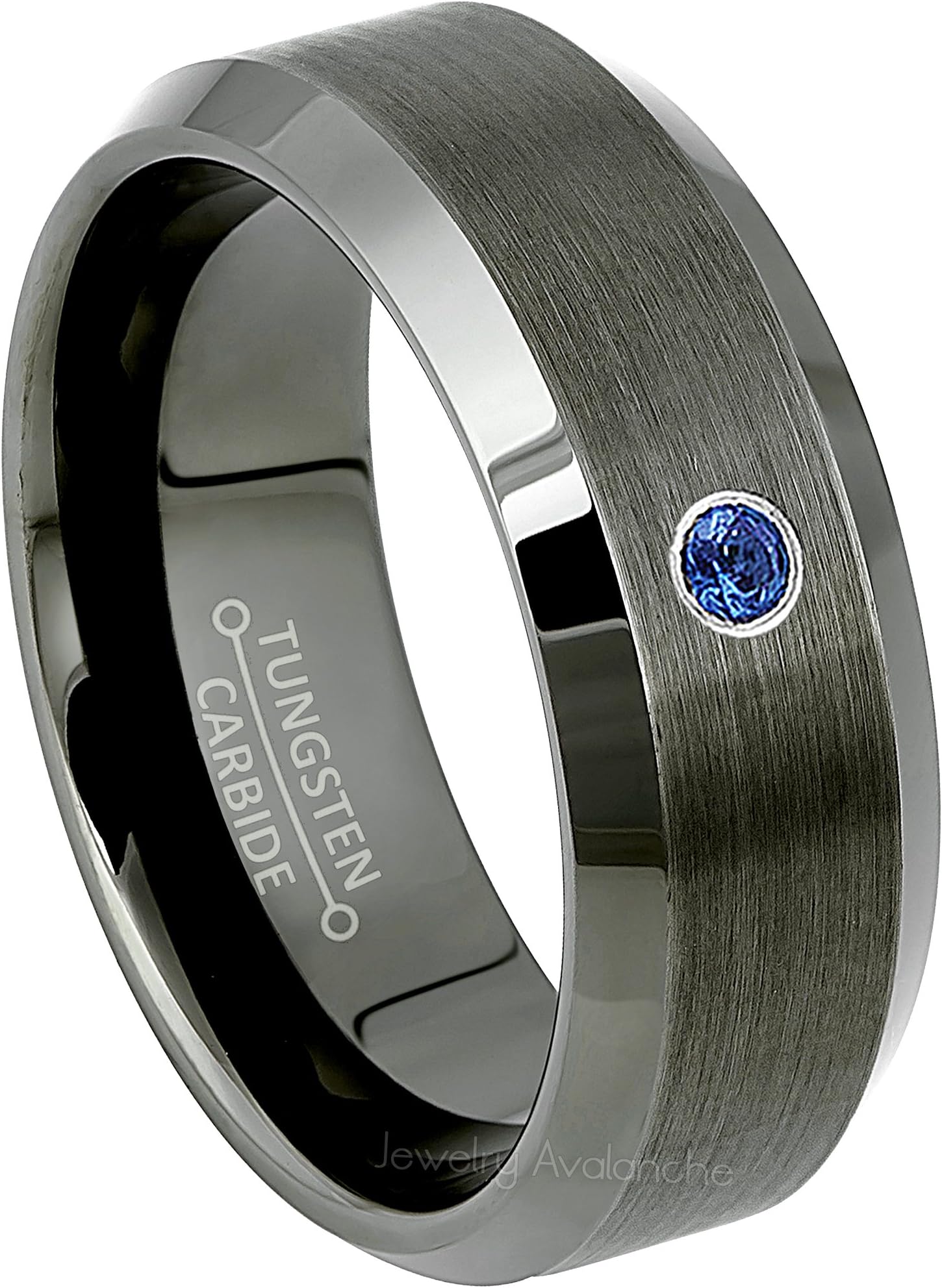 Jewelry Avalanche 8mm Beveled Gunmetal Comfort Fit Tungsten Wedding Ring - 0.07ct Blue Sapphire Tungsten Carbide Ring - September Birthstone Ring -