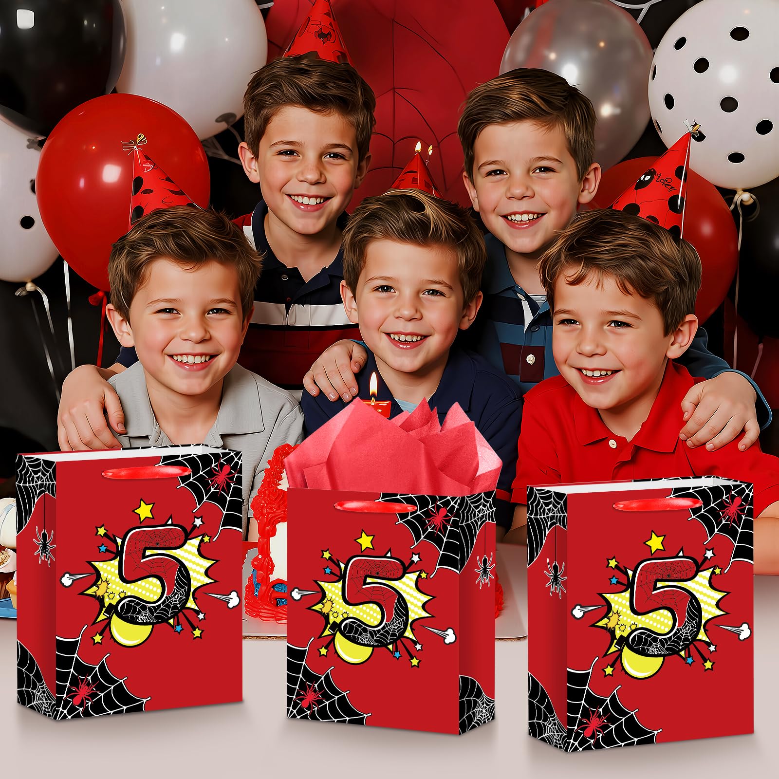 Spider 5th Birthday Gift Bag with Tissue Paper and Card Black Red Spider Web Birthday Gift Wrapping Paper Bag 5 Years Old Treat Candy Bags with Handle for Kids Baby Shower Bday Party Decorations