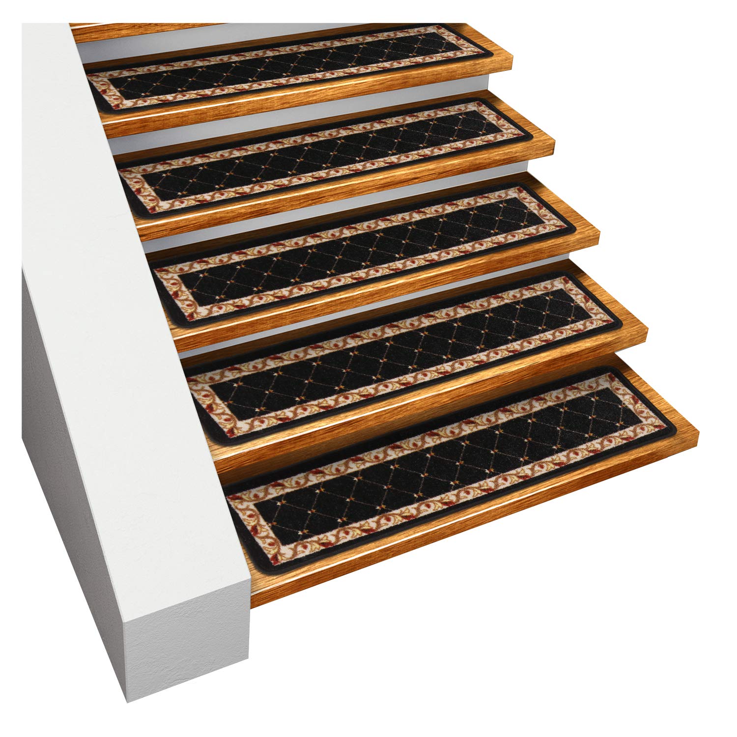 House, Home and More Set of 15 Skid-Resistant Carpet Stair Treads – Traditional Lattice with Floral Border – Ebony Black – 8 Inches X 26 Inches