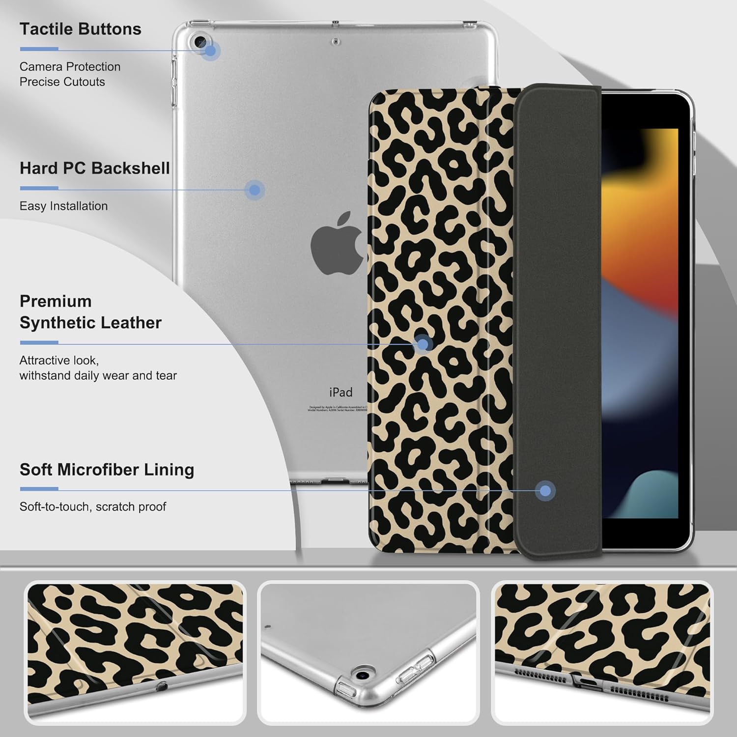 MEEgoodo Case for iPad 10.2 inch, Case for iPad 9th Generation 2021/ 8th Generation 2020/ 7th Gen 2019, Tablet Cover with Silk Texture & PC Back Cover, Classic Leopard