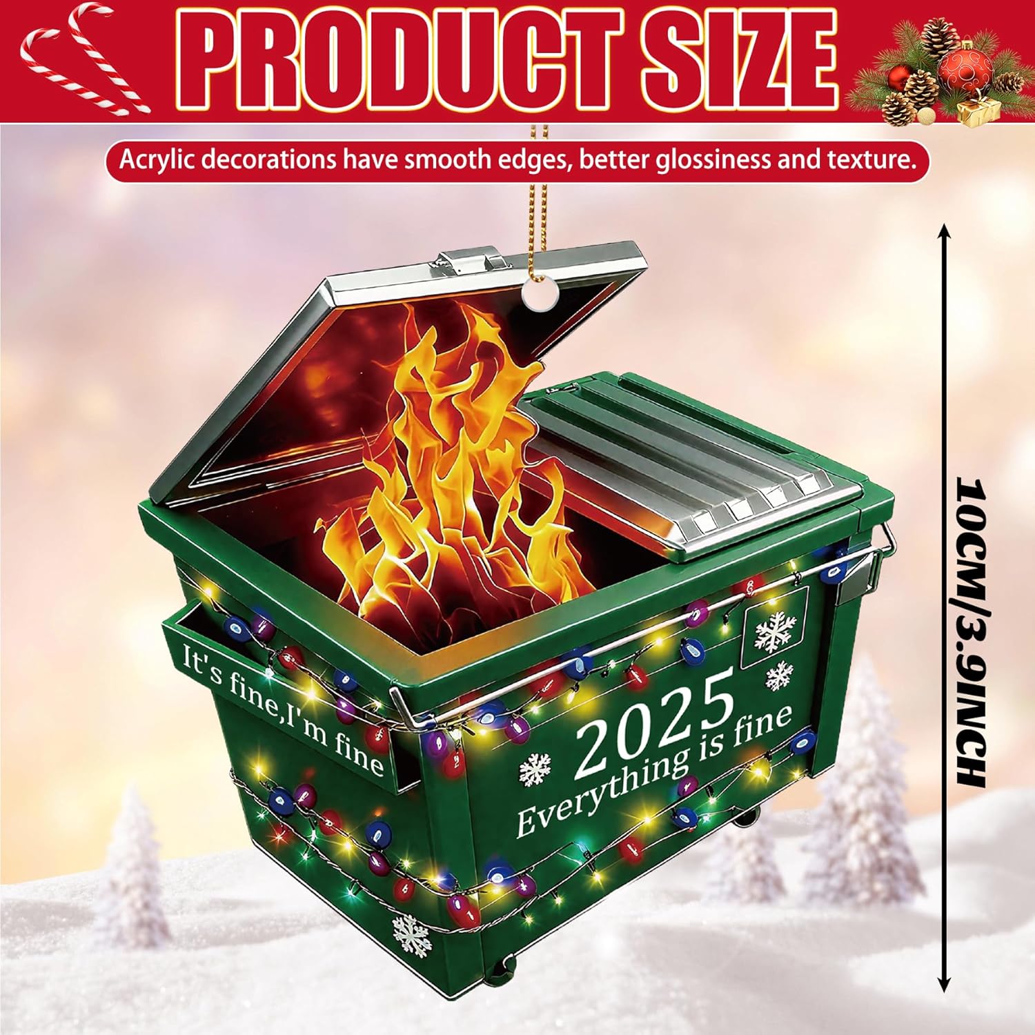 2025 Christmas Ornaments, 3.9In Personalized Dumpster-Fire Acrylic Christmas Tree Ornaments, Unique Painted Dumpster Hanging Decorations, Xmas Decor, for Family, Friends - Image 2
