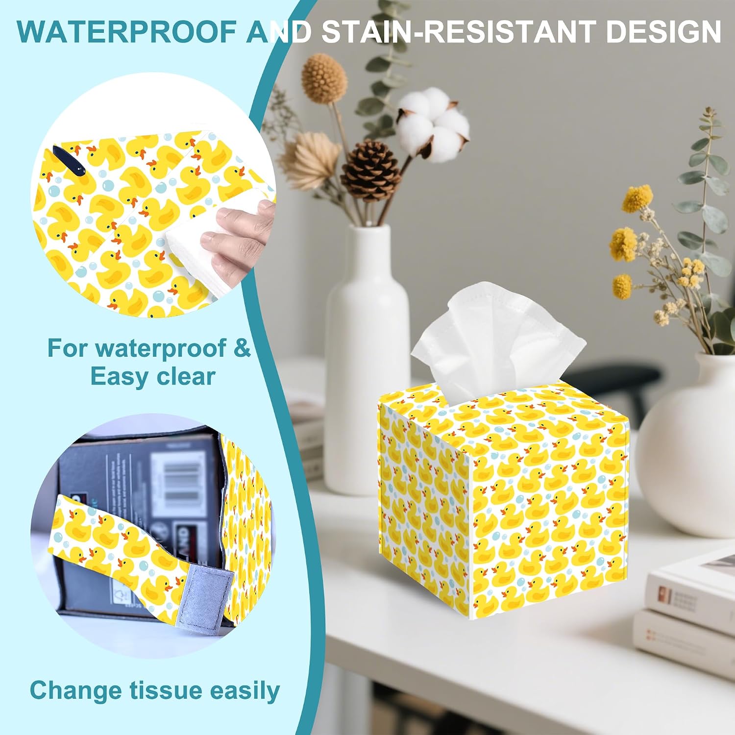 Cute Rubber Ducks Leather Tissue Holder,Soap Bubbles Square Tissue Box Cover with Bottom Belt,Modern Decorative Facial Tissue Paper Cover for Car Nightstand Vanity Desk Office,5.2" x 5.2" x 5.2" image 4
