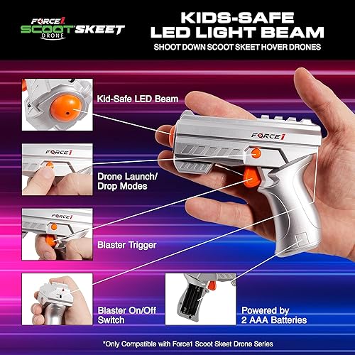 Miniatura 3 de Force1 Scoot Skeet Dron, juego de disparos electrónico para niños y adultos, 2 drones de mano para niños con pistola de juguete LED, juego de