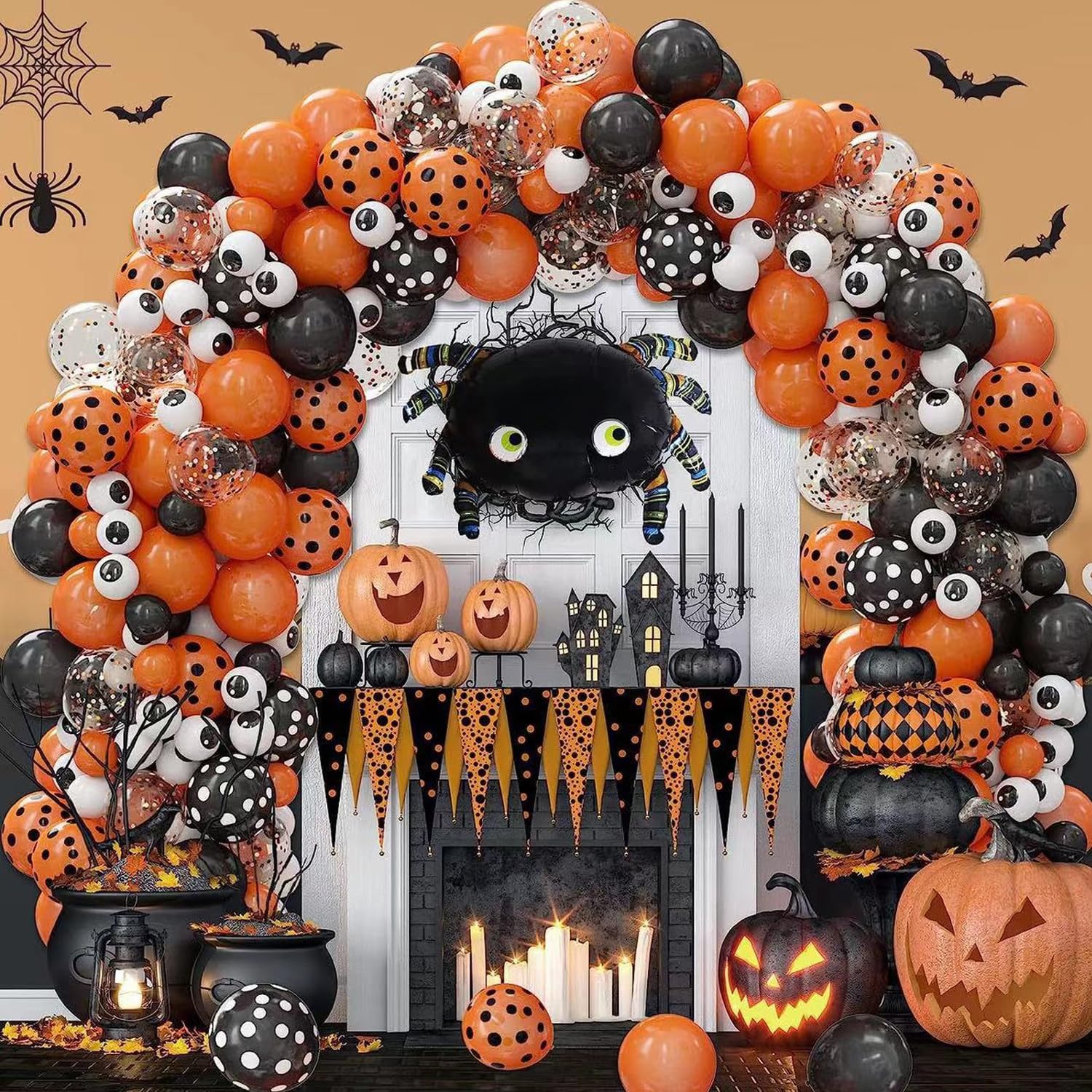 FLYGIRL 119pcs Halloween Balloon Arch Kit,Huge Spider Aluminum Foil Balloons,Large Size Halloween Balloon Garland,Black Orange Confetti Balloons for Halloween Day Party Decorations.