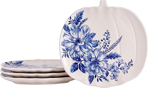 Bico Blue Floral Haven - Platos de ensalada con forma de calabaza, 8.6 pulgadas, juego de 4, para ensalada, aperitivo, microondas y lavavajillas