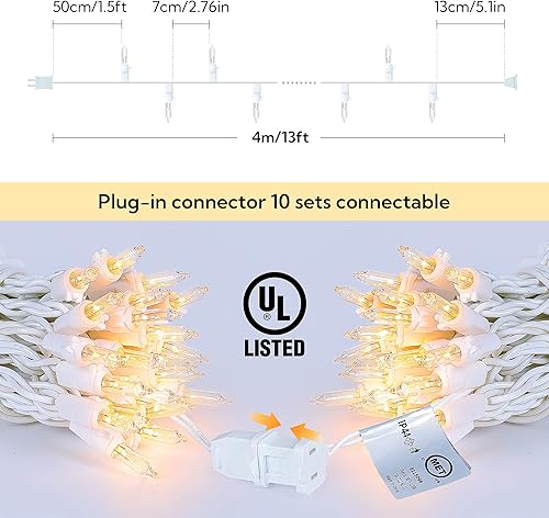 Miniatura 4 de mimigogo Juego de luces de Navidad transparentes con cable blanco, 50 bombillas incandescentes de 13 pies, mini tira de luces para interiores de