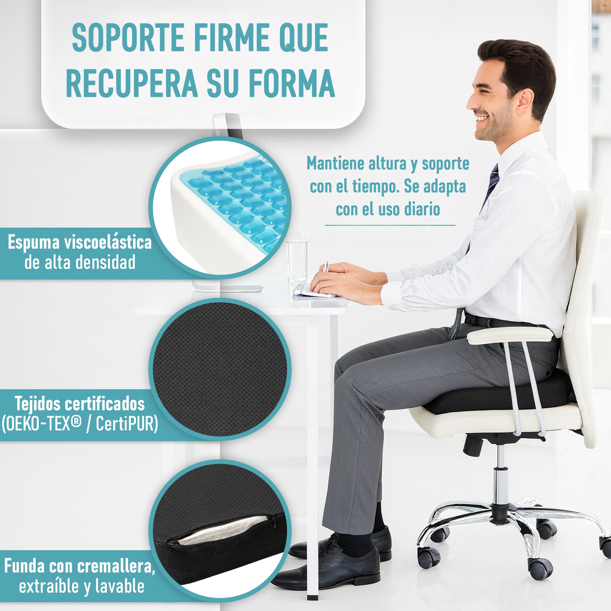 Cuscino viscoelastico con gel, supporto medio - rigido, design a U per coccige, 45 x 40 x 8 cm, fodera lavabile antiscivolo, cuscino ergonomico per sedia da ufficio, sedia a rotelle e auto