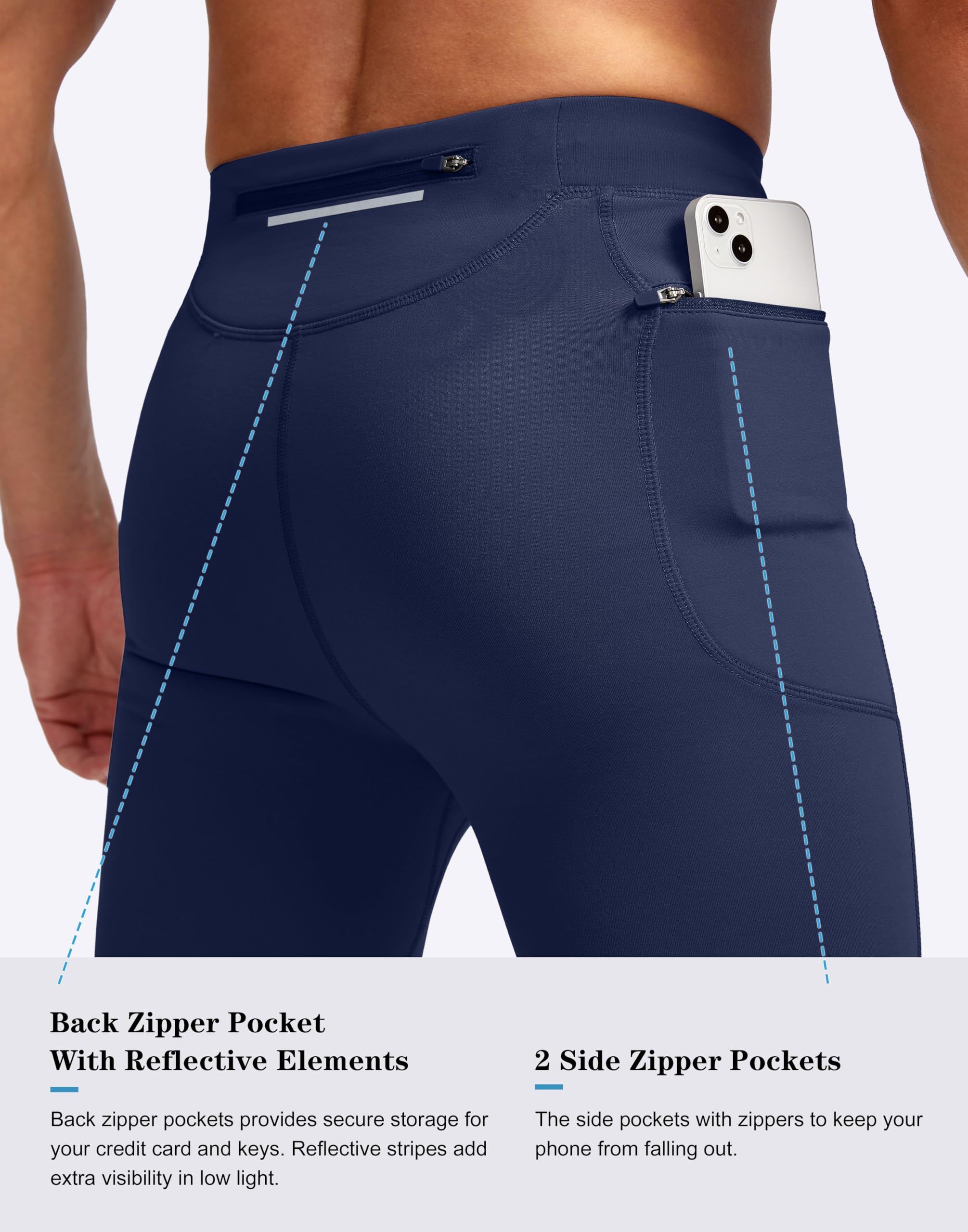 Pudolla Thermo-Laufhose für Herren, mit 3 Reißverschlusstaschen, Workout-Kompressionsleggings für Herren, Wandern, Joggen