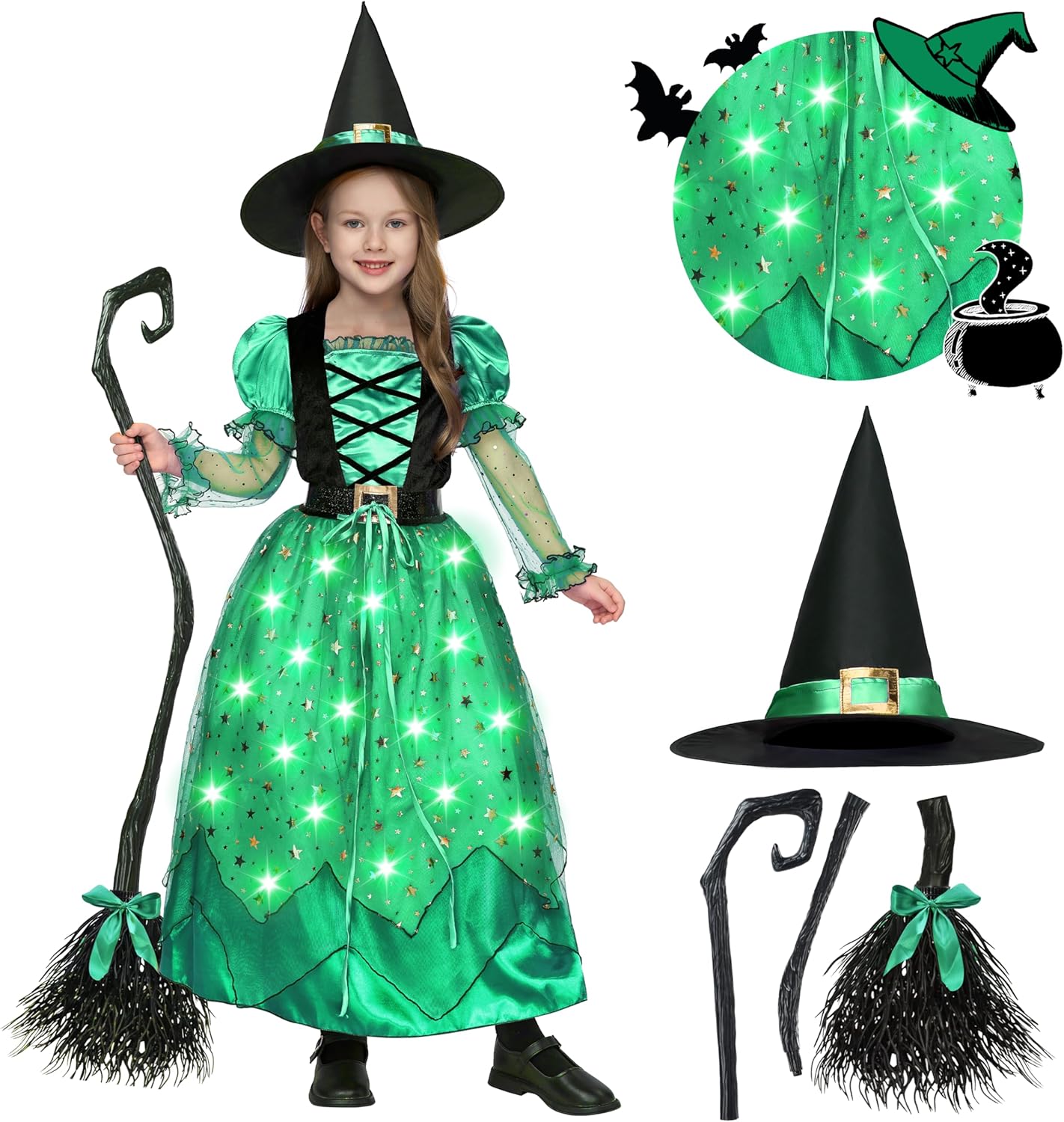 Spooktacular Creations Girls Witch Costume, Light up Witch Costume Kids, Starry Dress for Child Halloween Role Play Parties - Image 3