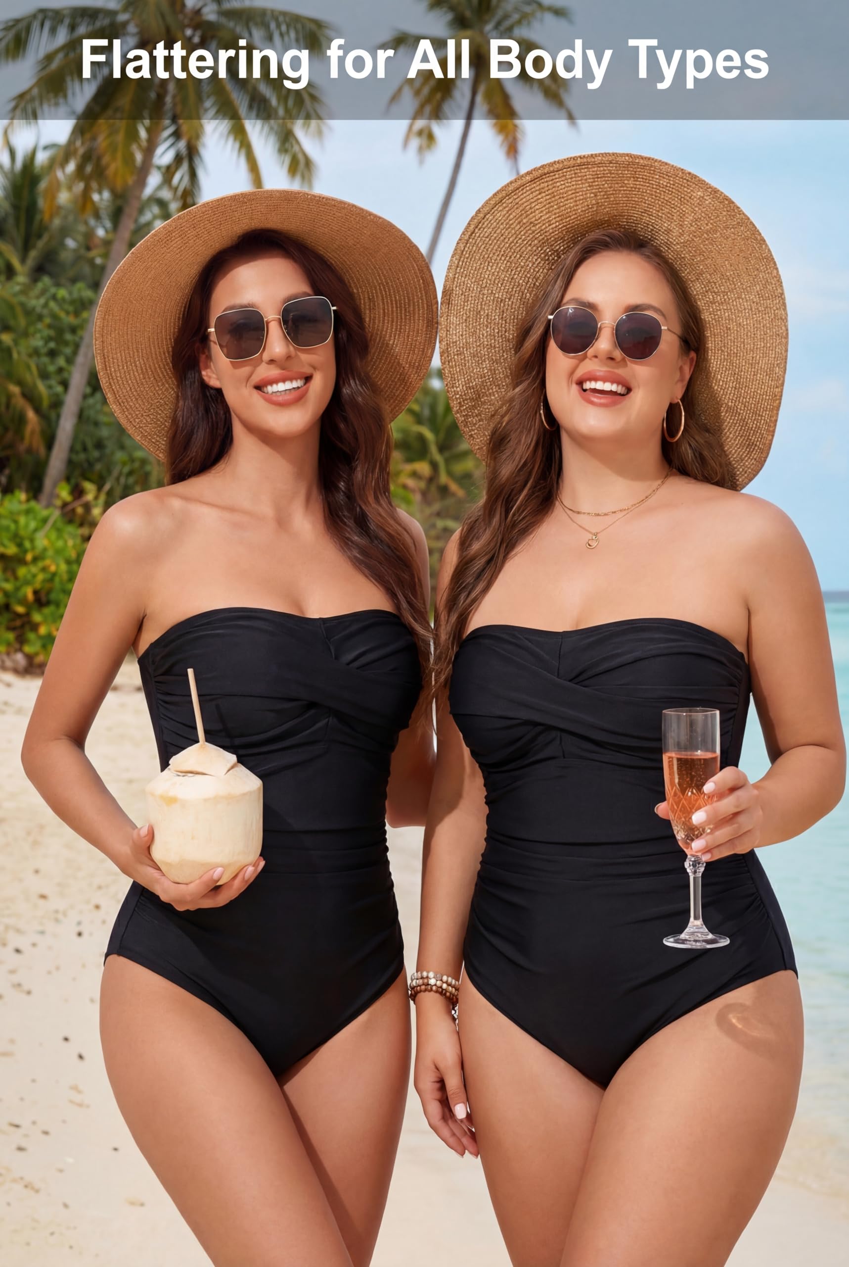 Smismivo Trägerloser Einteiliger Damen Badeanzugmit Bandeau Retro Bauchweg Schwimmanzug für Damen Vintage Ruched Einteilige Bademode Swimsuit