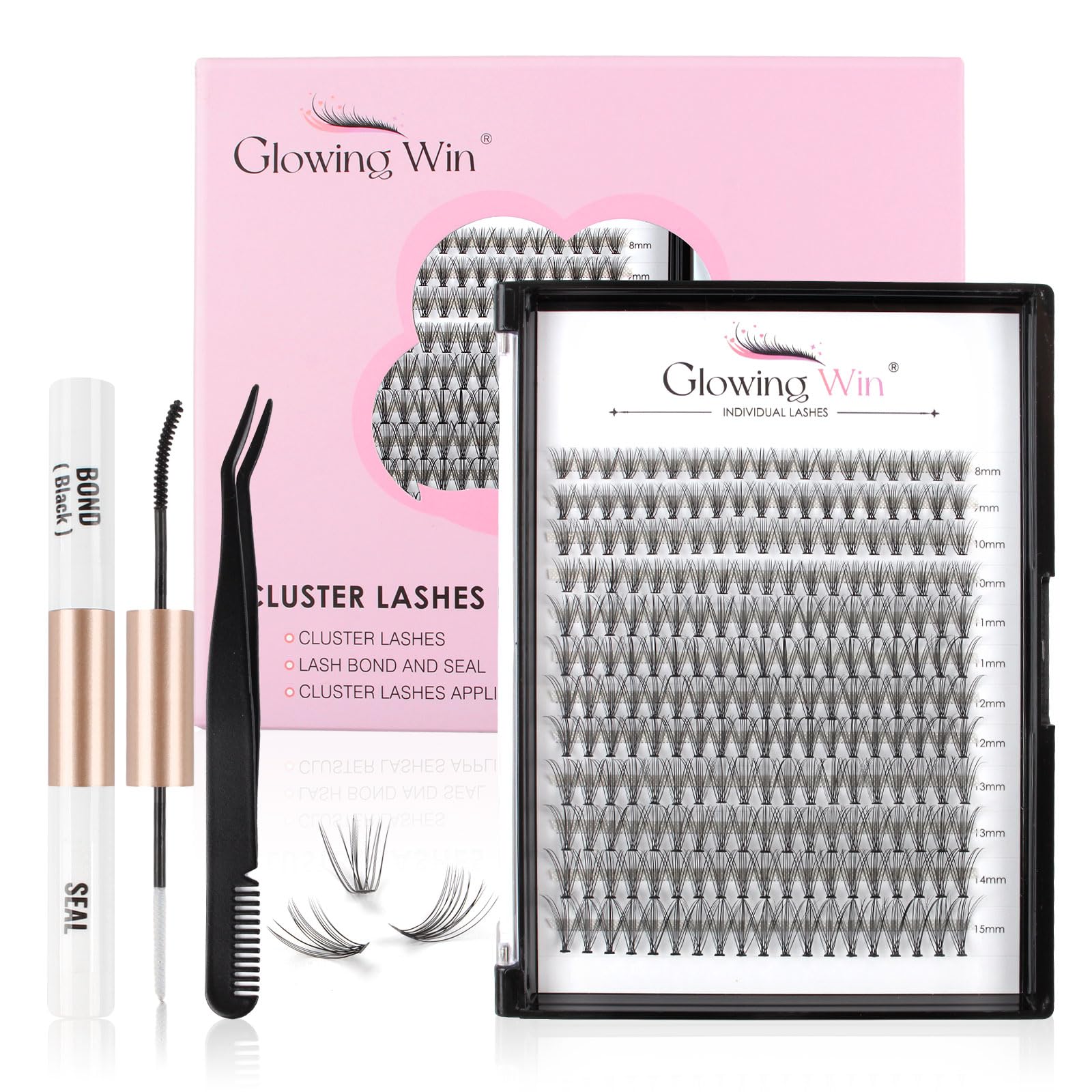 Glowing Win Kit de Pestañas Postizas Naturales 0.07D Pestañas Individuales 20D Individual Cluster Lashes con bond&seal pinzas 8-15mm Extensiones de Pestañas pelo a pelo 228PCS DIY False Lashes
