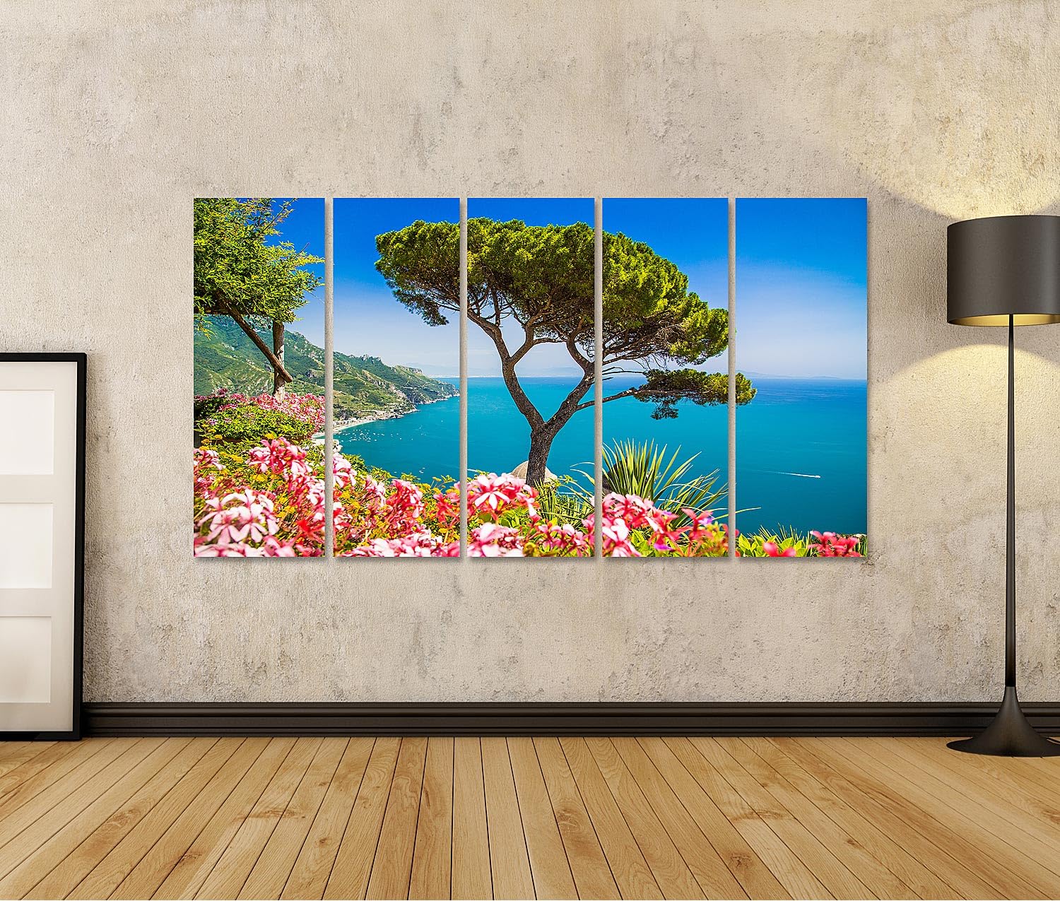 islandburner Primer cuadro sobre lienzo árbol junto al mar con flores y cielo azul imágenes murales carteles