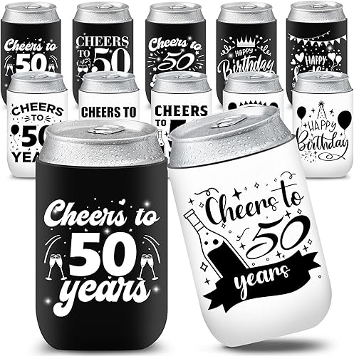 12 fundas enfriadoras para latas de cumpleaños de 50 años, color blanco y negro, decoraciones de cumpleaños 50 para hombres y mujeres, recuerdos de
