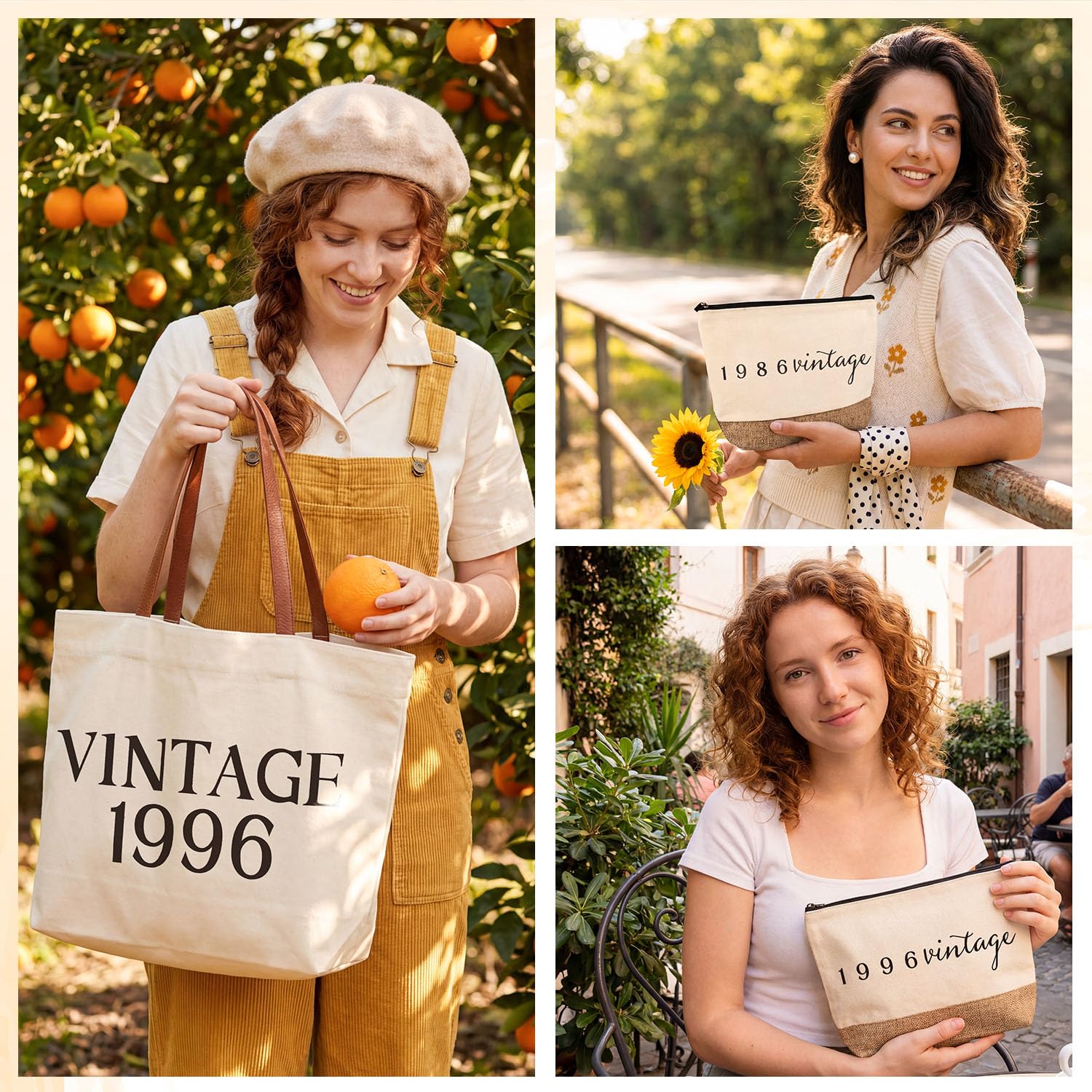 Vintage 1956 Gifts for Women, 70th Birthday Gift Set, Canvas Tote Bag with Leather Handles, Makeup Pouch & Back in 1956 Card, Gift for Her Turning 70