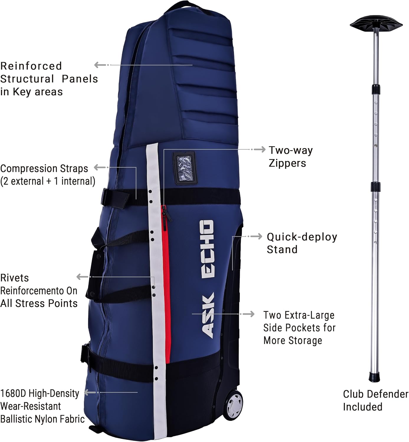 ASK ECHO Locklink StableRoller Golf Travel Bag with 4-Wheel Rolling System, Extendable Support Stand Legs