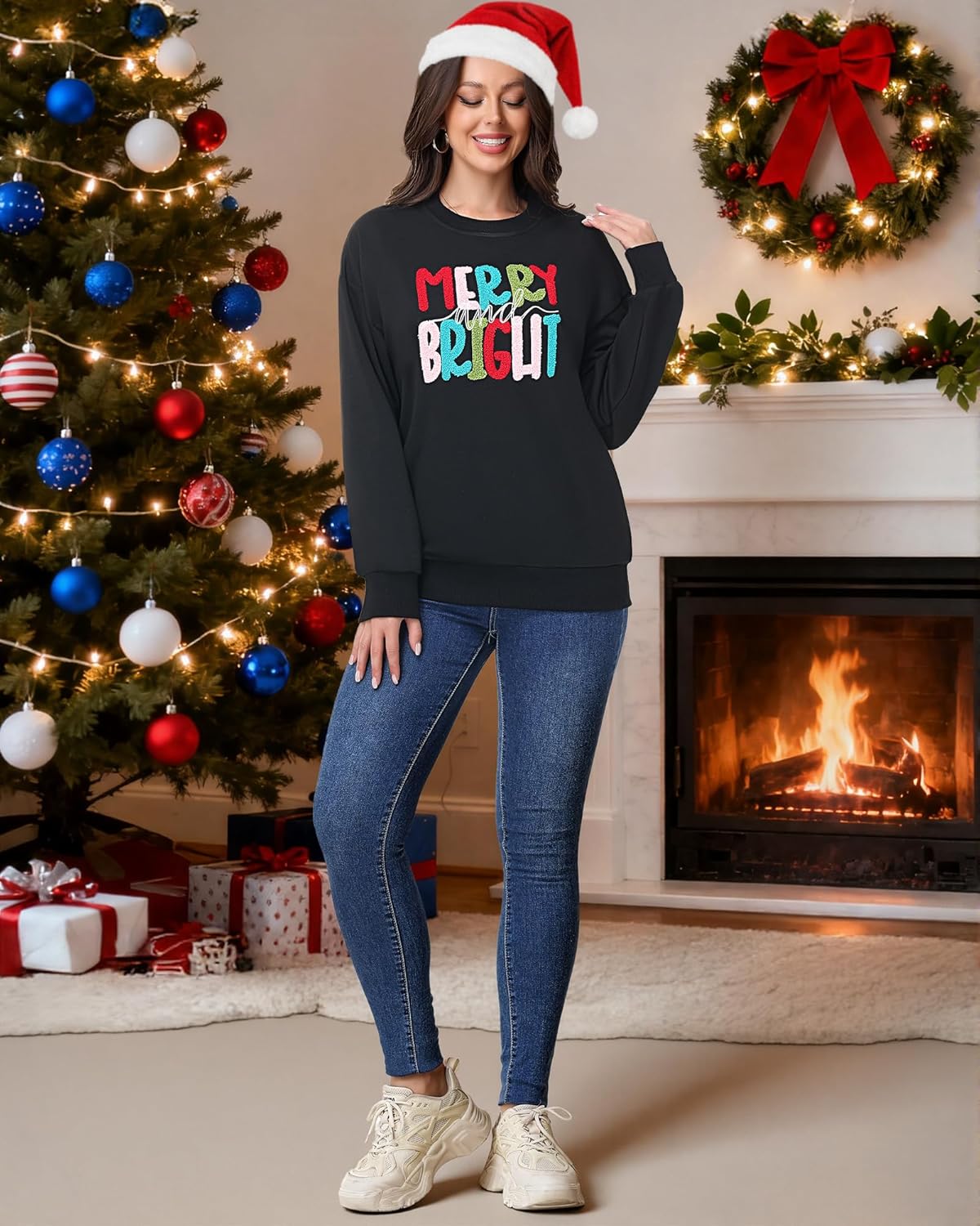 Women Christmas Sweatshirts Merry And Bright Crewneck Long Sleeve Christmas Pullover Loose Fit Xmas - Image 4