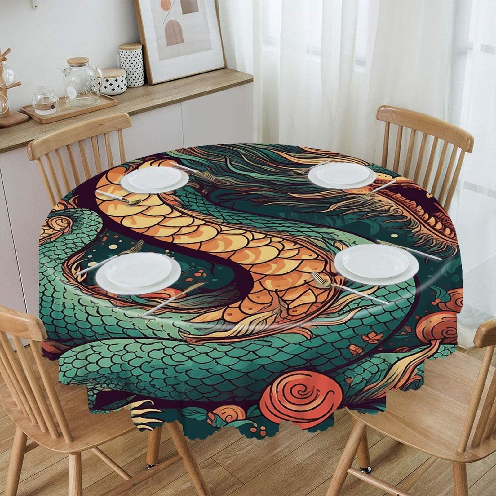 LZQPOEAS Oriental Dragon Pattern Round Tablecloth Rustic Circle Table Cloth Wrinkle Resistant Decor Tablecloth Waterproof Washable Table Cover for Kitchen Party Dining Table 60 Inch