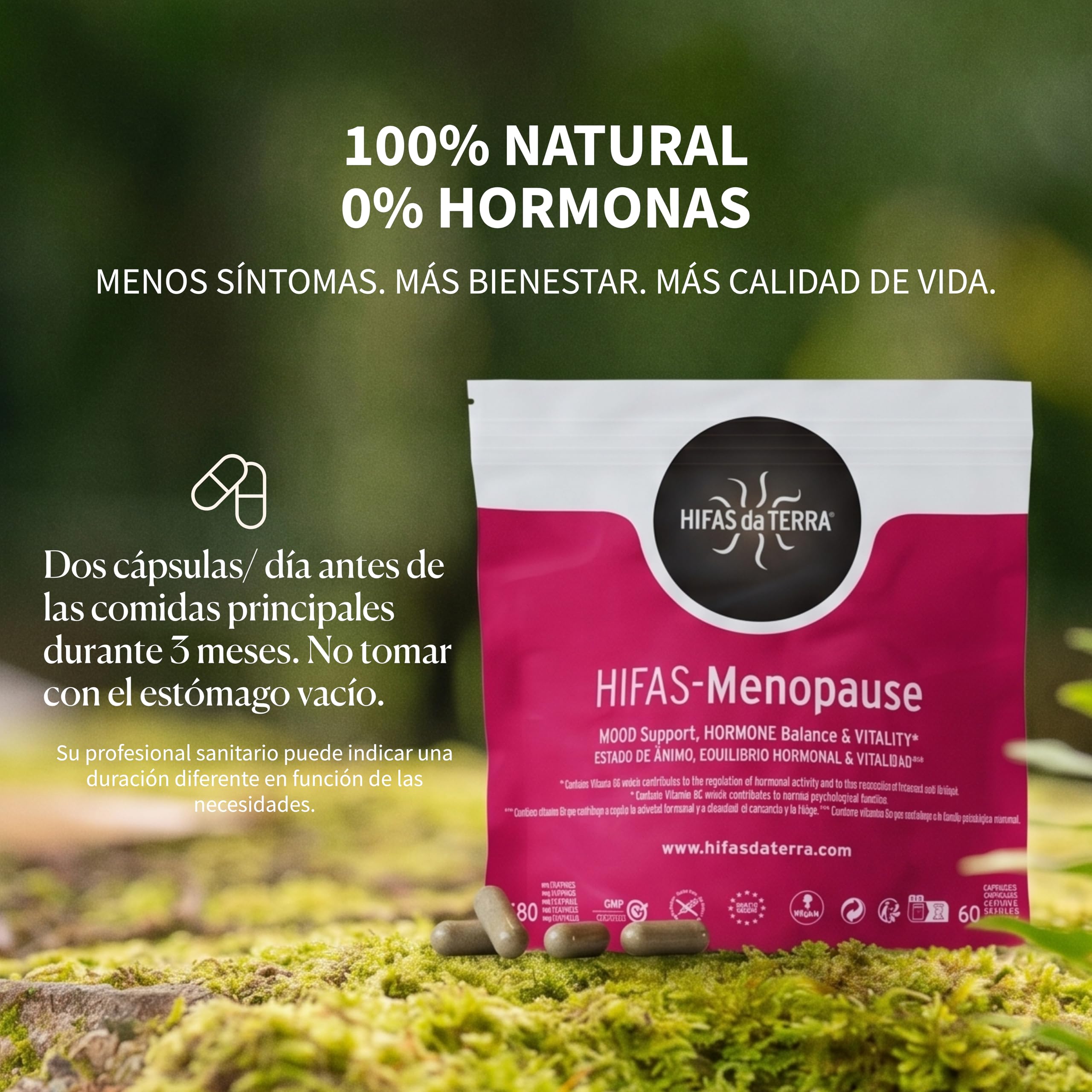 HIFAS DA TERRA - HIFAS-Menopause Suplemento para Menopausia con Extractos Puros de Reishi, Melena de León, Cordyceps y Ashwagandha (Refill: 60 cápsulas)