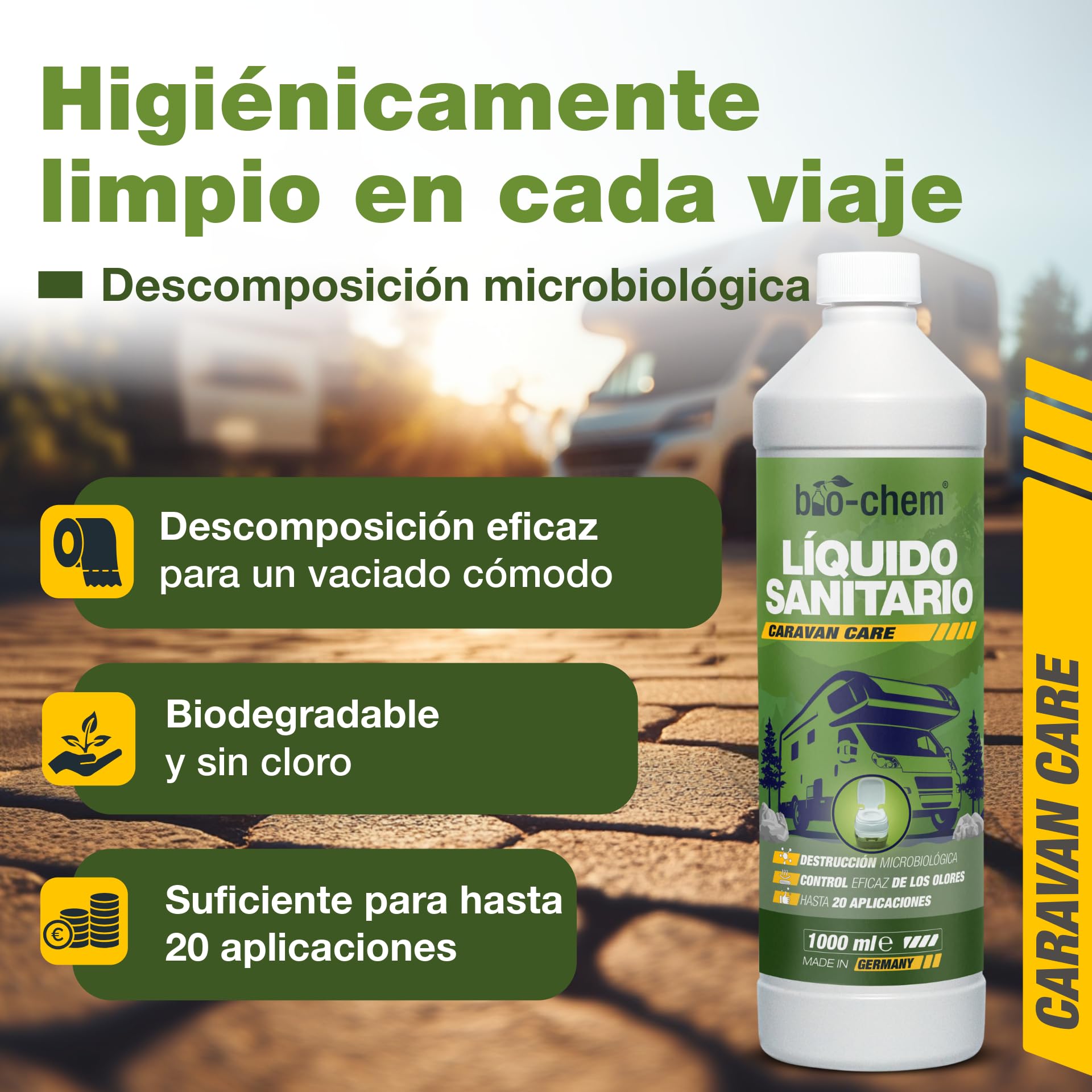 Bio-Chem - Líquido Sanitario 5L Nueva fórmula con microorganismos para WC químicos de caravanas - Aditivo Sanitario Concentrado para WC portátiles de Camping - Vaso medidor Incluido