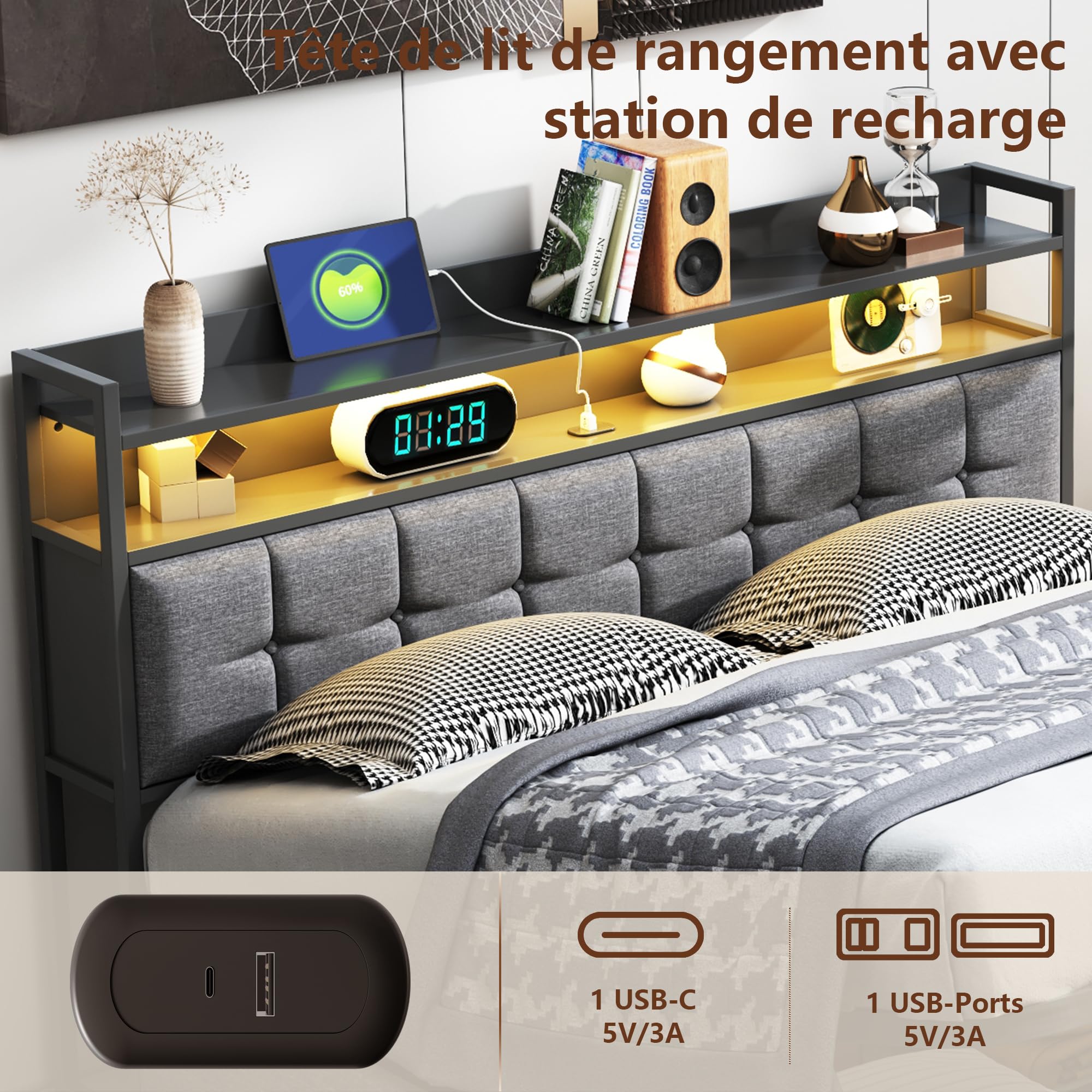 Lit Coffre 140x190 cm, Lit Double rembourré avec éclairage LED et Port USB, Lit Rangement en Hydraulique, Cadre de de Rangement Moderne, sans Matelas (Gris + Lin)