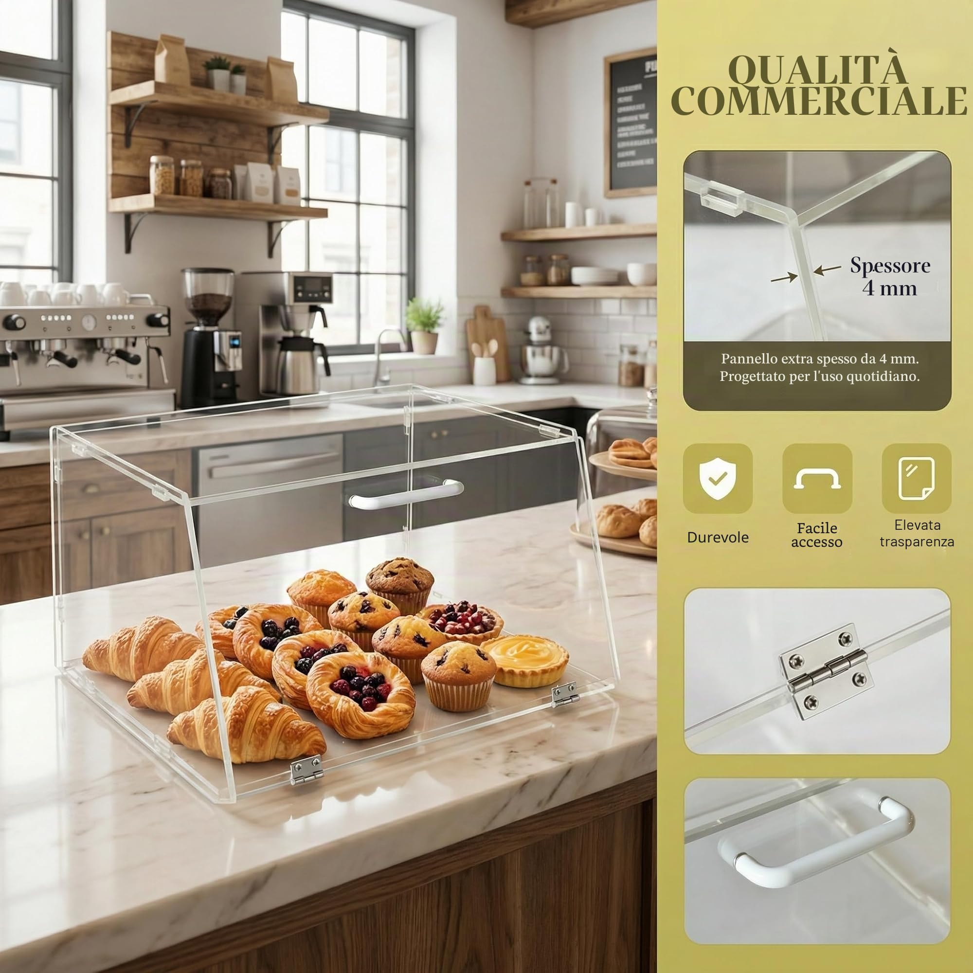 Espositore impilabile per panetteria in acrilico, per dolci, piano di lavoro, organizer, contenitore per bagel, pane, 38 x 16,5 x 30,5 cm, porta inclinata con 2 cerniere in acciaio