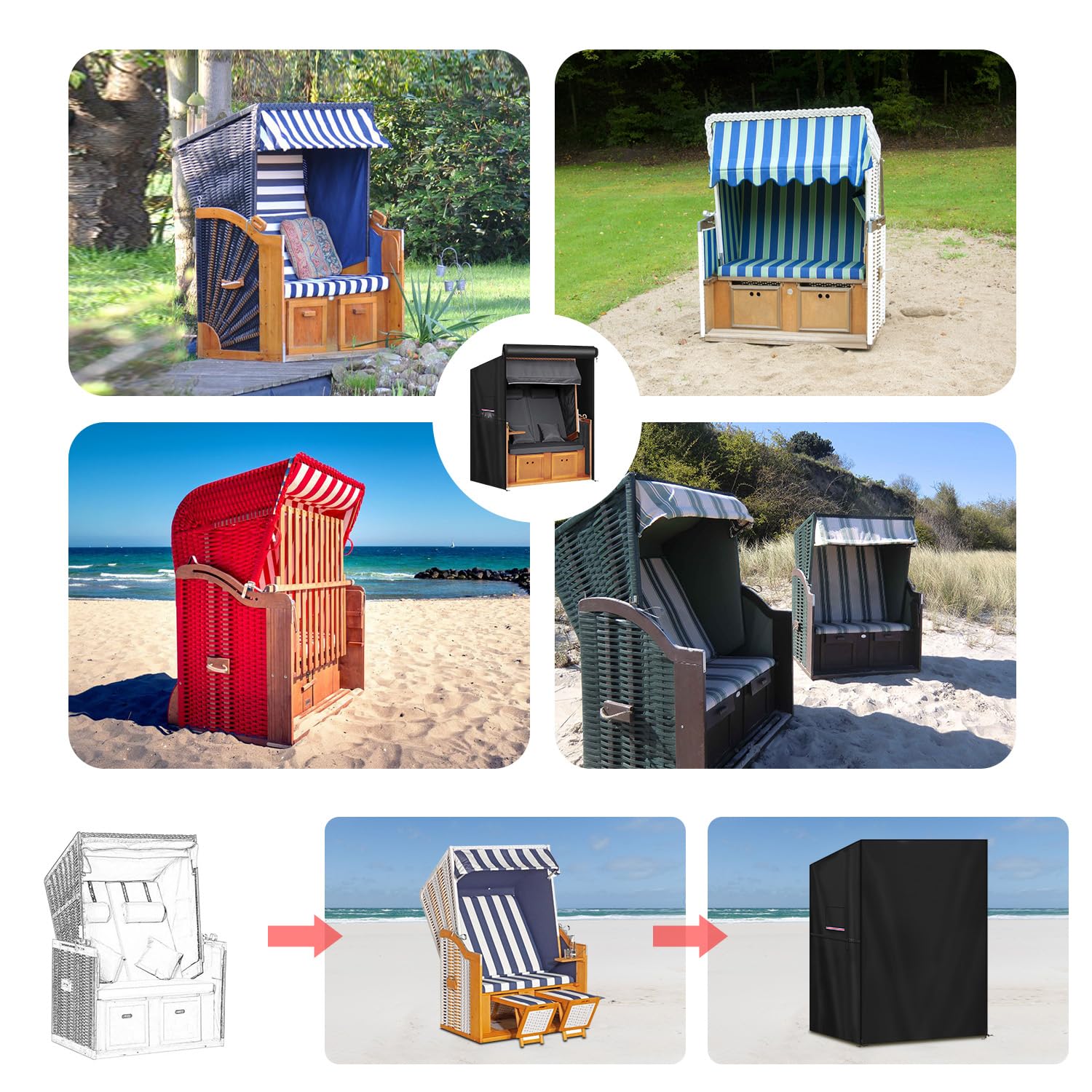 LAMUNI Copertura per Sedia da Spiaggia Impermeabile, 420D Tessuto Oxford Copertura per Poltrona da Spiaggia, Antivento, Anti-UV Telo Protettivo per Sedia da Spiaggia Esterno, 120x90x160/145cm