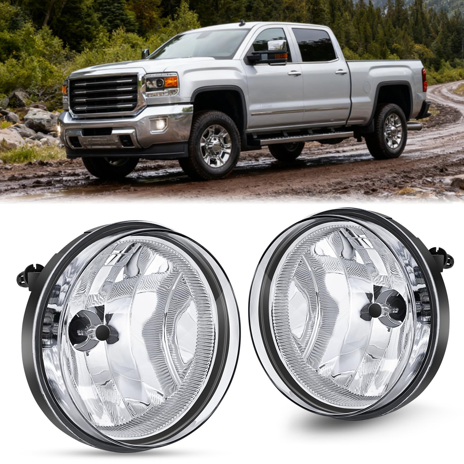 Fog Light Assembly Compatible with 2007 2008 2009 2010 2011 2012 2013 GMC Sierra 1500 07-14 Sierra 2500HD 3500HD Clear Lens Lamps Replacement 880 12V 27W Bulbs