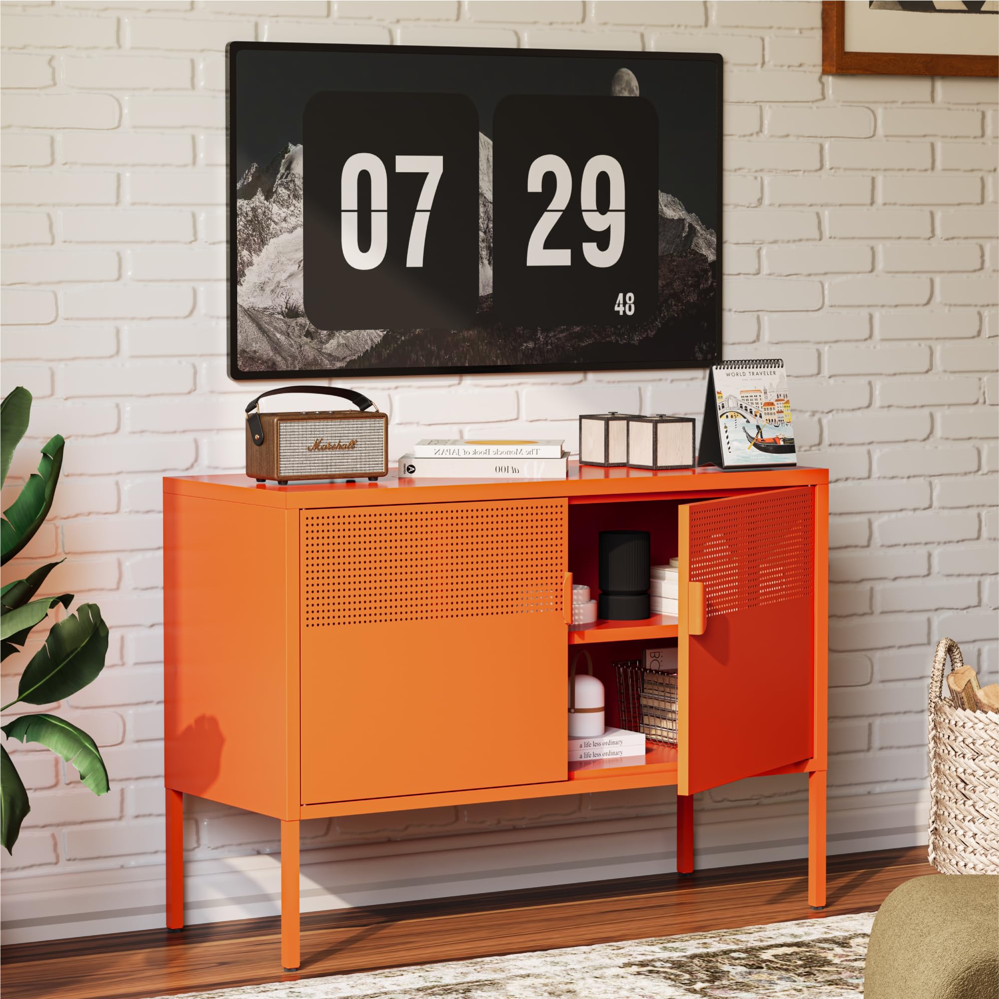 COFaR TV Stand for TVs up to 75 Inch, 40''L Media Console with Ventilation Doors, Metal Entertainment Center with Adjustable Shelves &amp; 120Lbs Storage for Living Room &amp; Bedroom, Orange