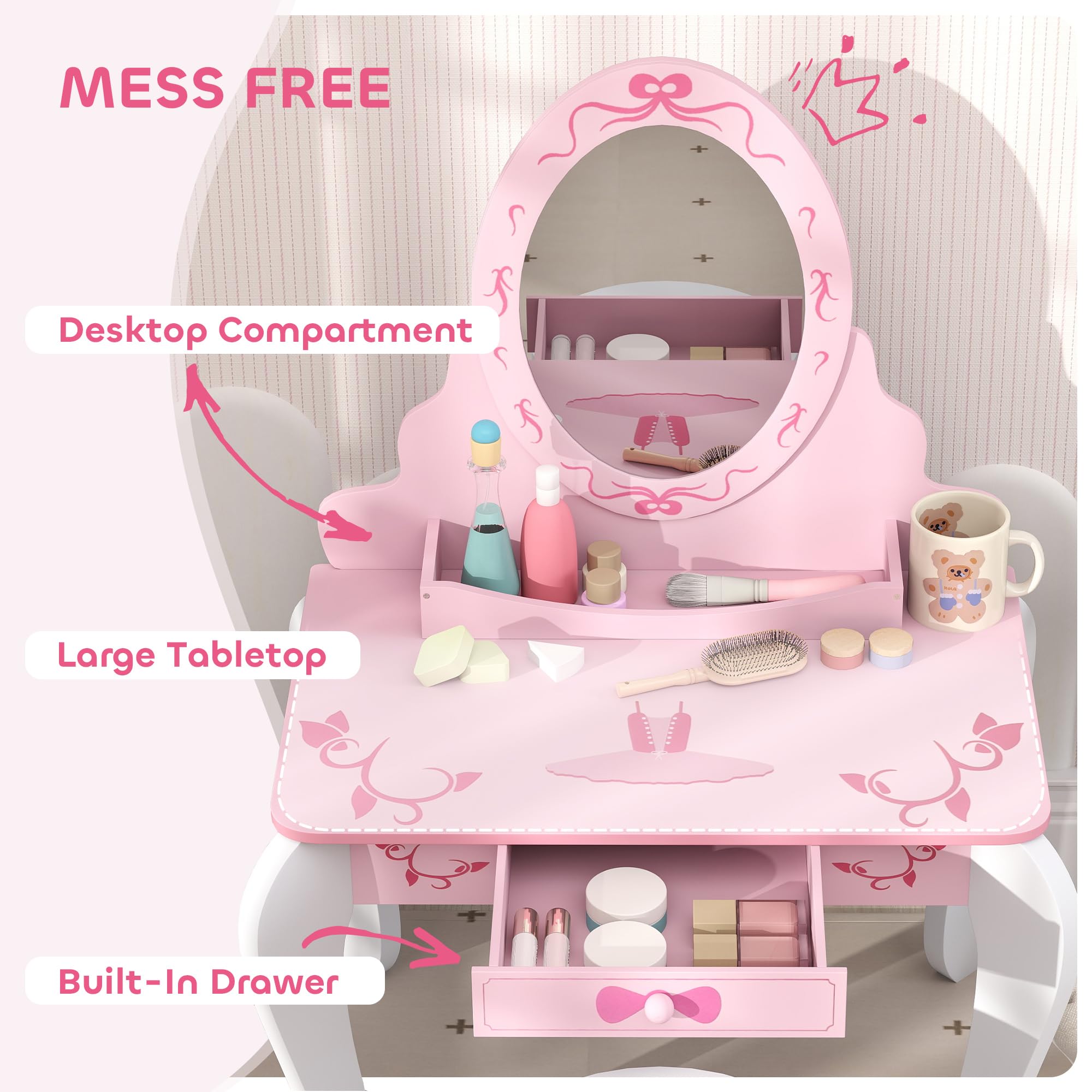 AIYAPLAY, set tavolo da toeletta per bambini, tavolo da toeletta a due pezzi con sgabello, specchio, cassetto, spazio di archiviazione sul desktop, tema del balletto, tavolo da trucco per ragazze
